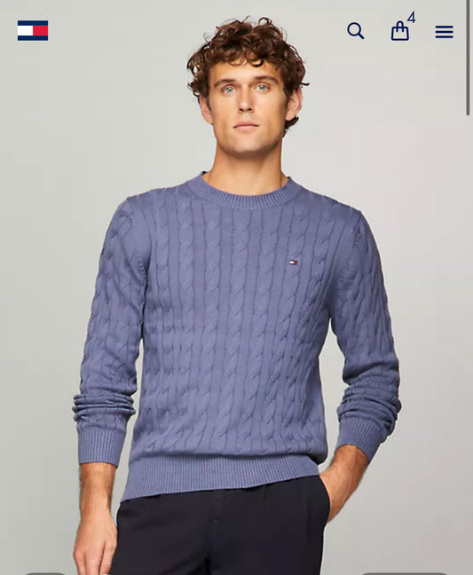 Men Tommy Hilfiger Cable Knit Crewneck Sweater - Blue