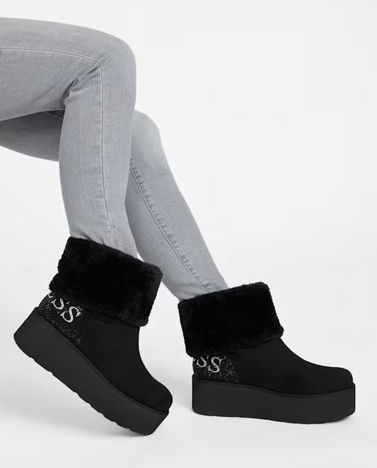 Women Guess Indya Shearling Platform Boots- Black