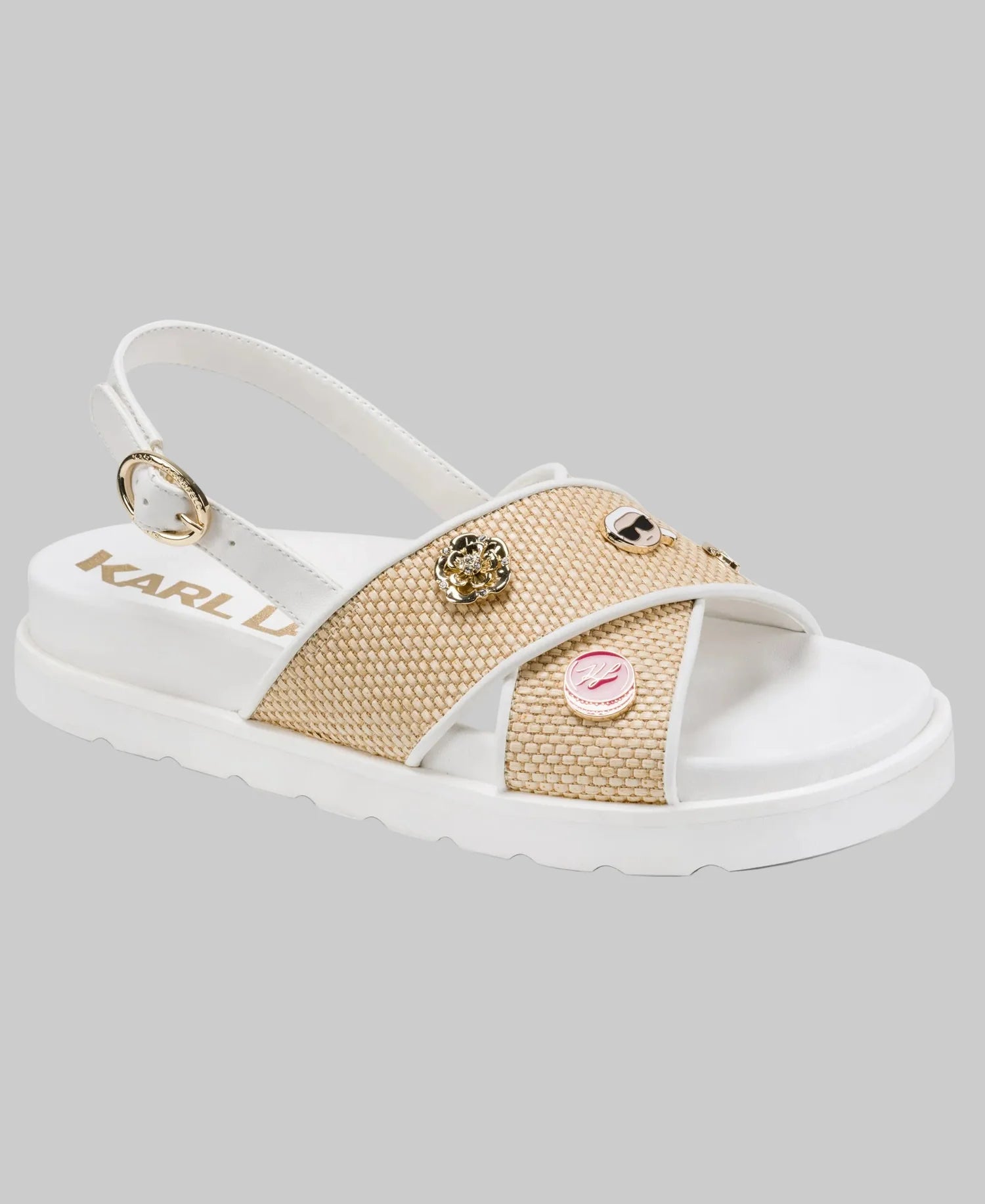 KARL LAGERFELD WOMEN' SHARLAN RAFFIA PIN PLATFORM SLIDE SANDAL-Natural/Brt Wht