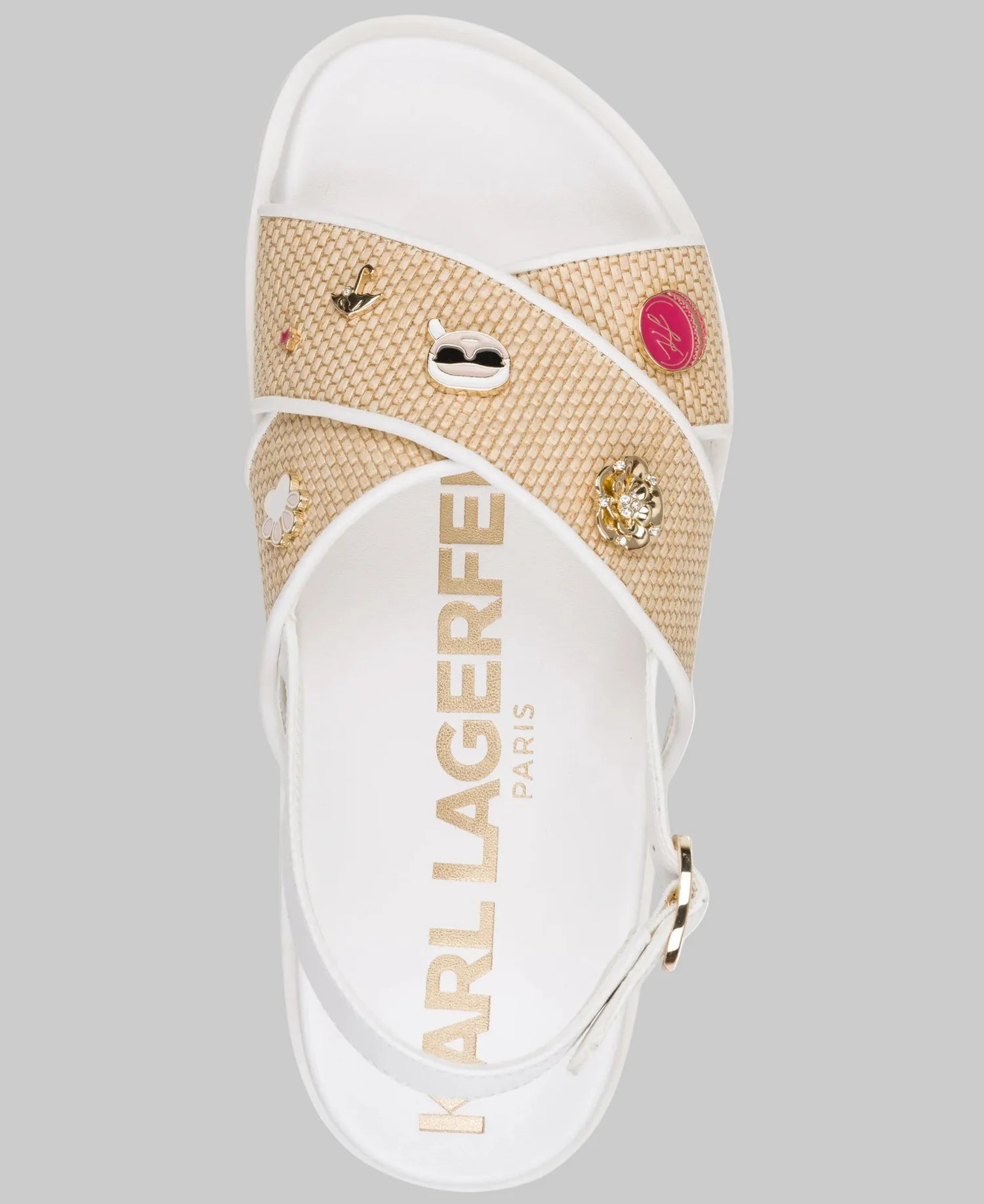 KARL LAGERFELD WOMEN' SHARLAN RAFFIA PIN PLATFORM SLIDE SANDAL-Natural/Brt Wht