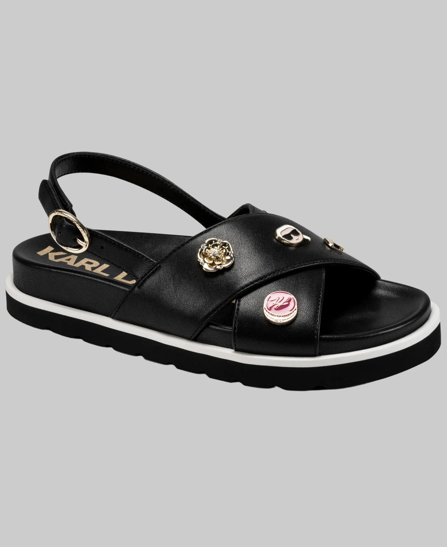 KARL LAGERFELD WOMEN' SHARLAN RAFFIA PIN PLATFORM SLIDE SANDAL-Black