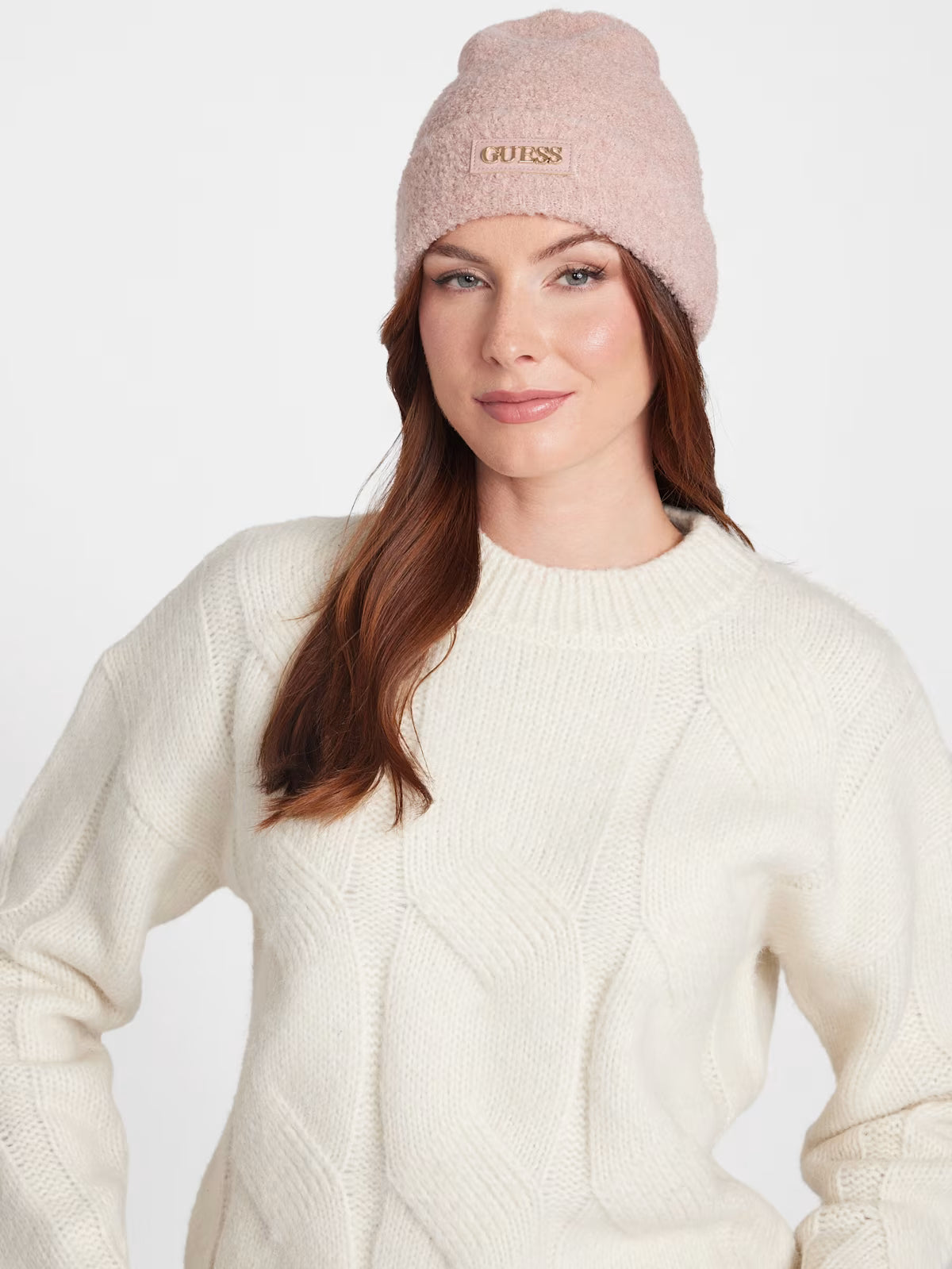 Guess Womens' Faux-Leather Logo Patch Beanie Pink