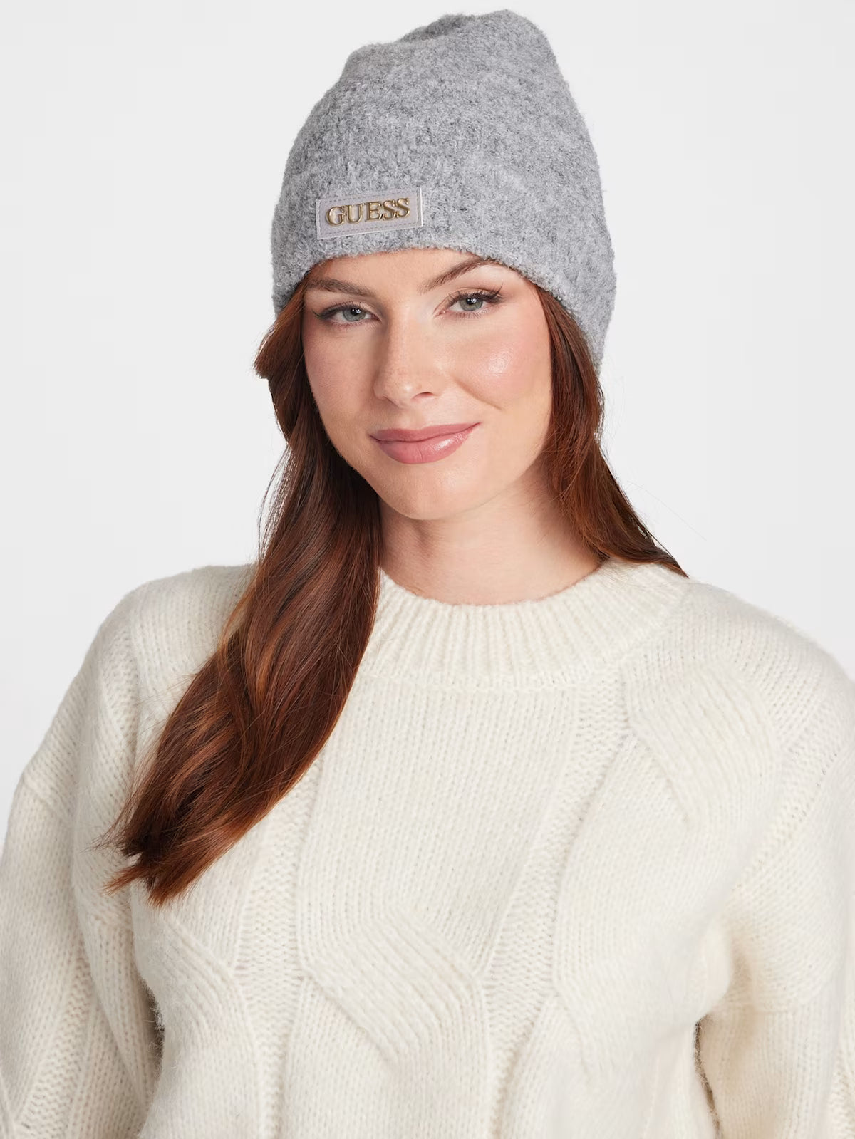 Guess Womens' Faux-Leather Logo Patch Beanie Gray