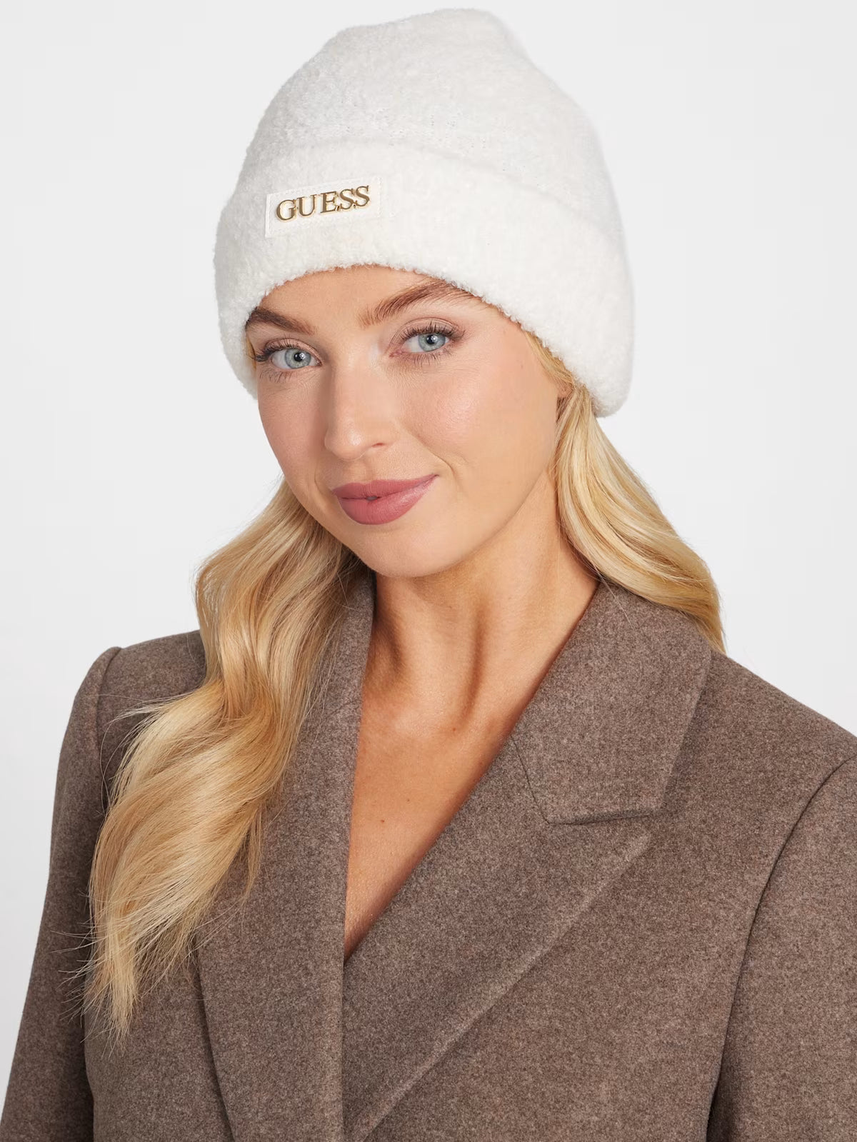 Guess Womens' Faux-Leather Logo Patch Beanie White