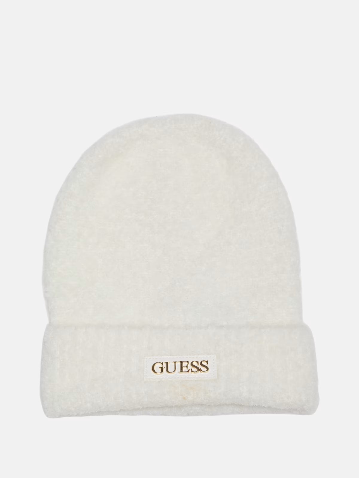 Guess Womens' Faux-Leather Logo Patch Beanie White