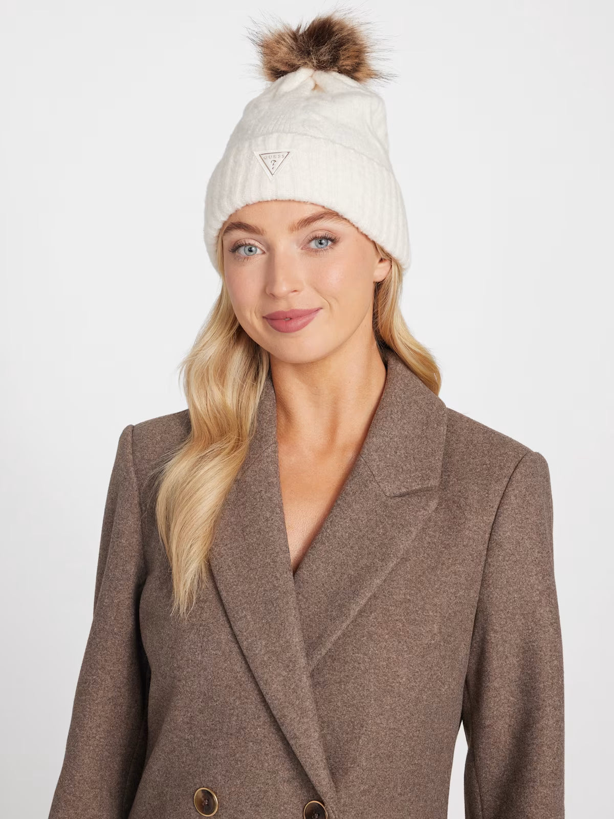 Guess Womens' Cable-Knit Beanie Off-white