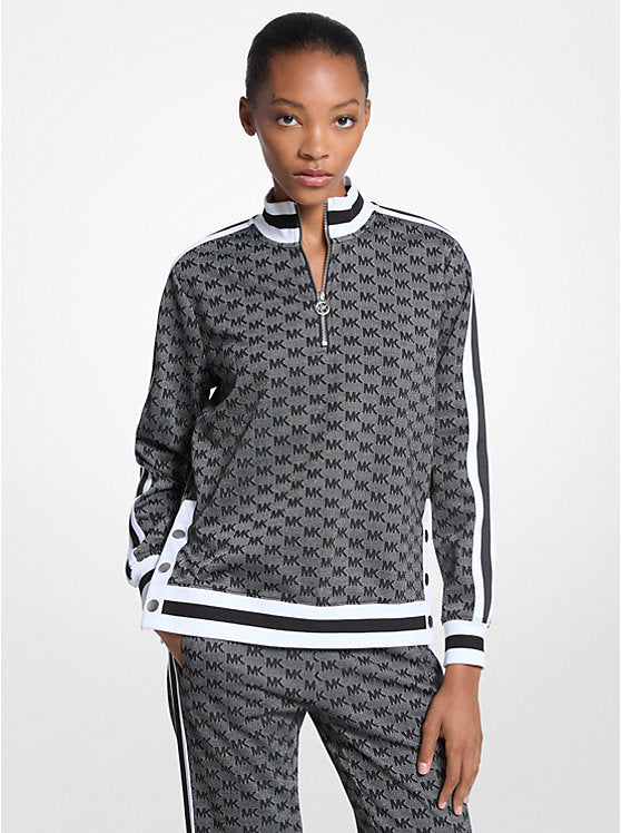 Michael Kors WOMENS' Logo Print Metallic Stretch Knit Half-Zip Jacket BLACK/SILVER