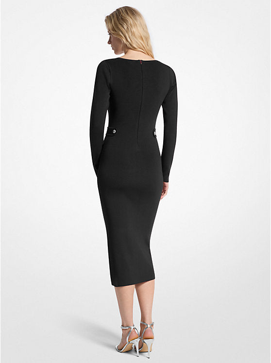 Michael Kors Womens Ribbed Stretch Viscose Midi Dress Black