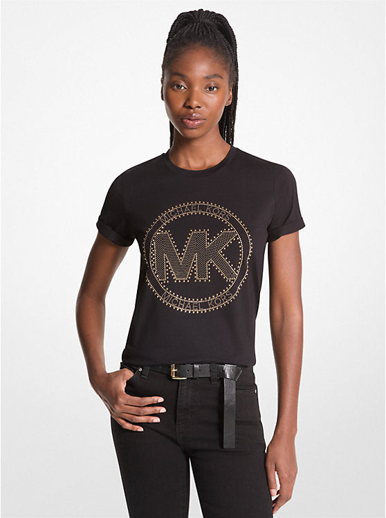Women's Michael Kors Studded Logo Charm Organic Cotton Jersey T-Shirt BLACK