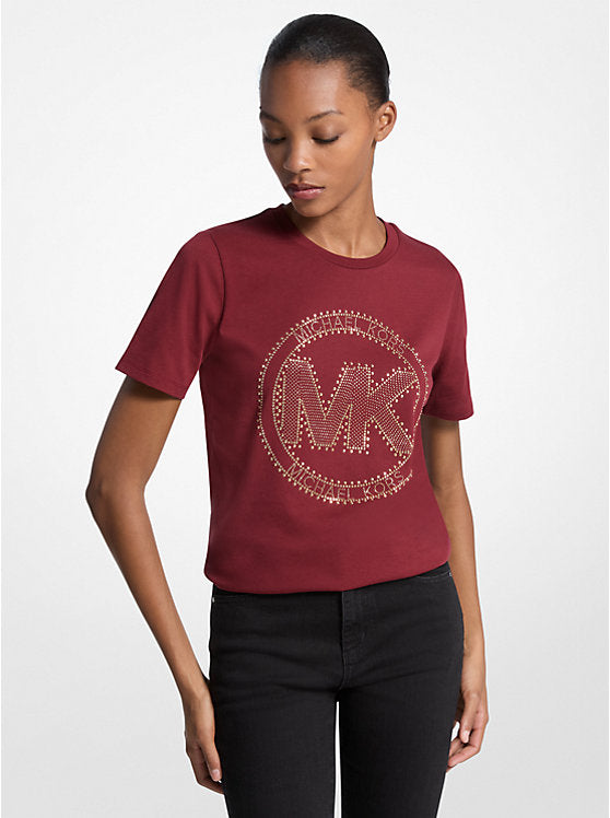 Women's Michael Kors Studded Logo Charm Organic Cotton Jersey T-Shirt CHERRY