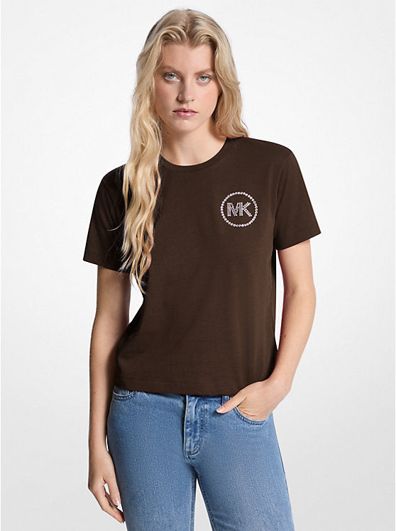 Women's Michael Kors Embellished Logo Organic Cotton T-Shirt CHOCOLATE