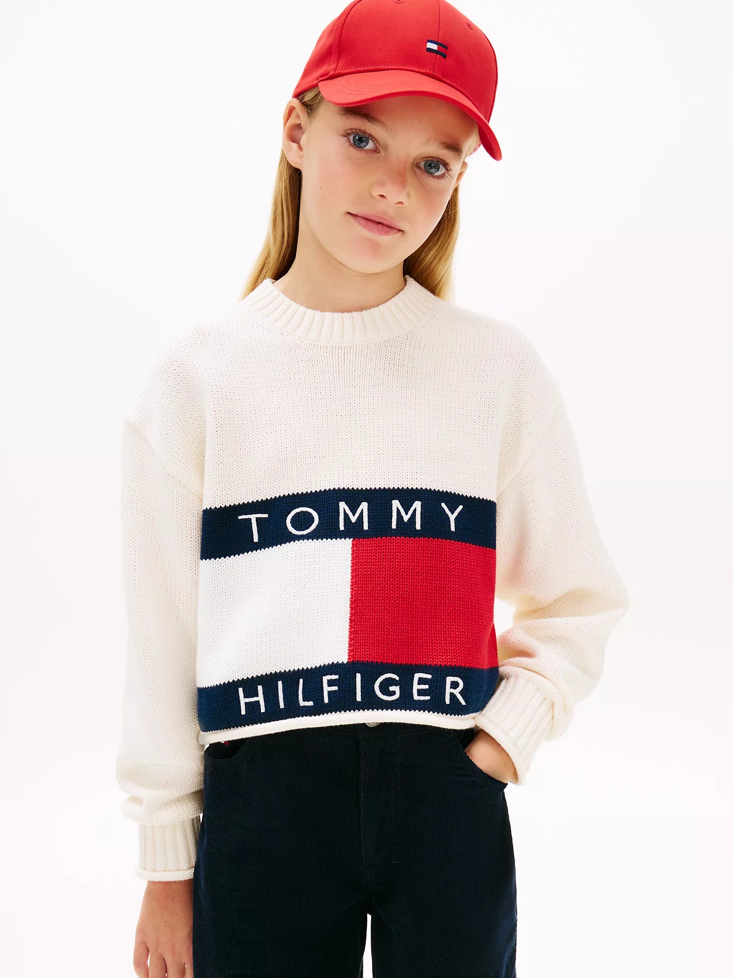 TOMMY Girls Flag Logo Sweater Dark Ivory Silk