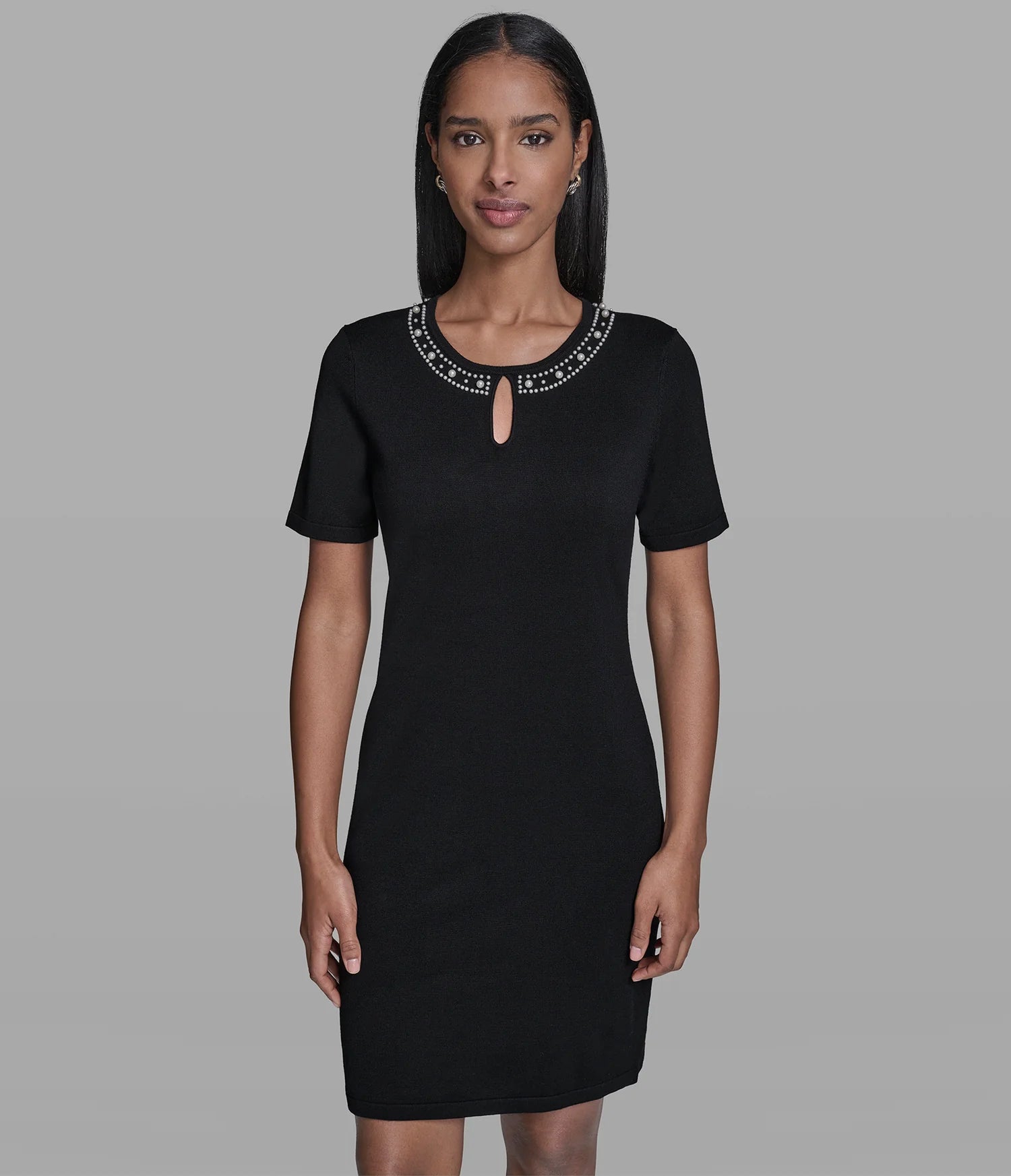 Karl PEARL TRIM SWEATER DRESS-Black