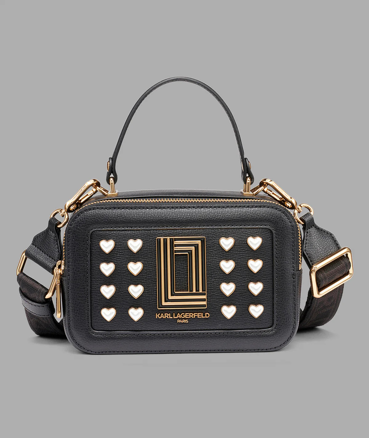 Karl Lagerfeld Paris Womens' SIMONE CROSSBODY LOTUS WITH PEARL HEARTS Black