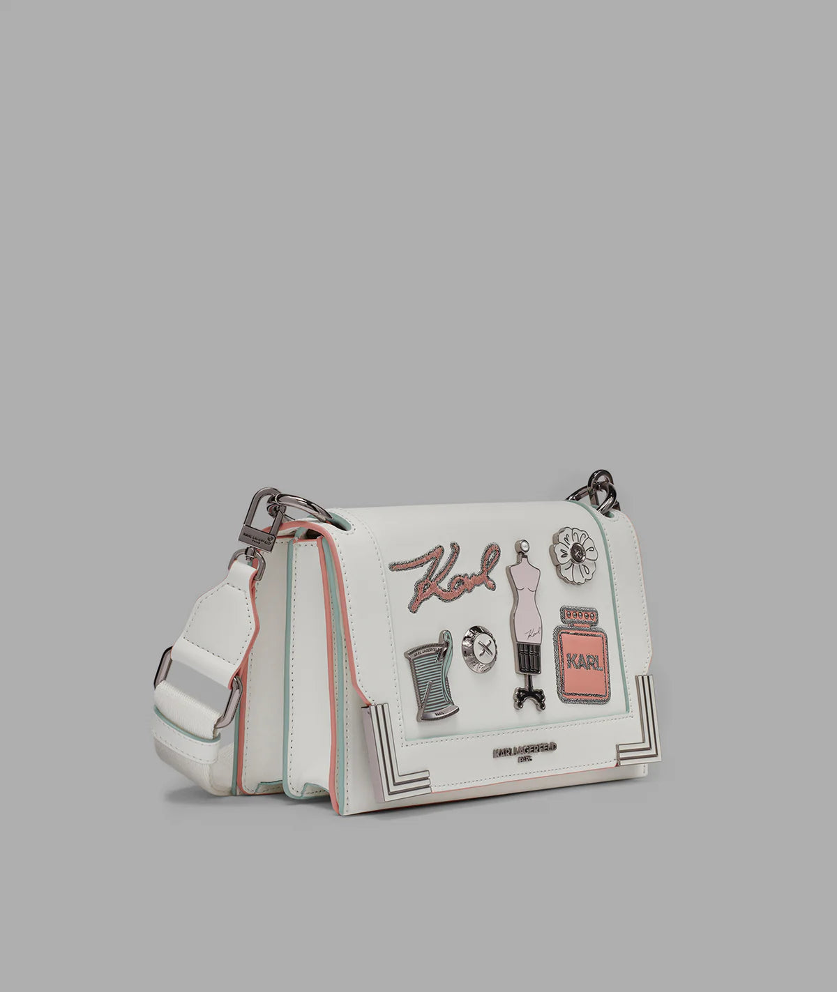 KARL LAGERFELD WOMEN'S CAMILLE SHOULDER WITH OVERSIZED FASHION PINS-Winter White/Silver