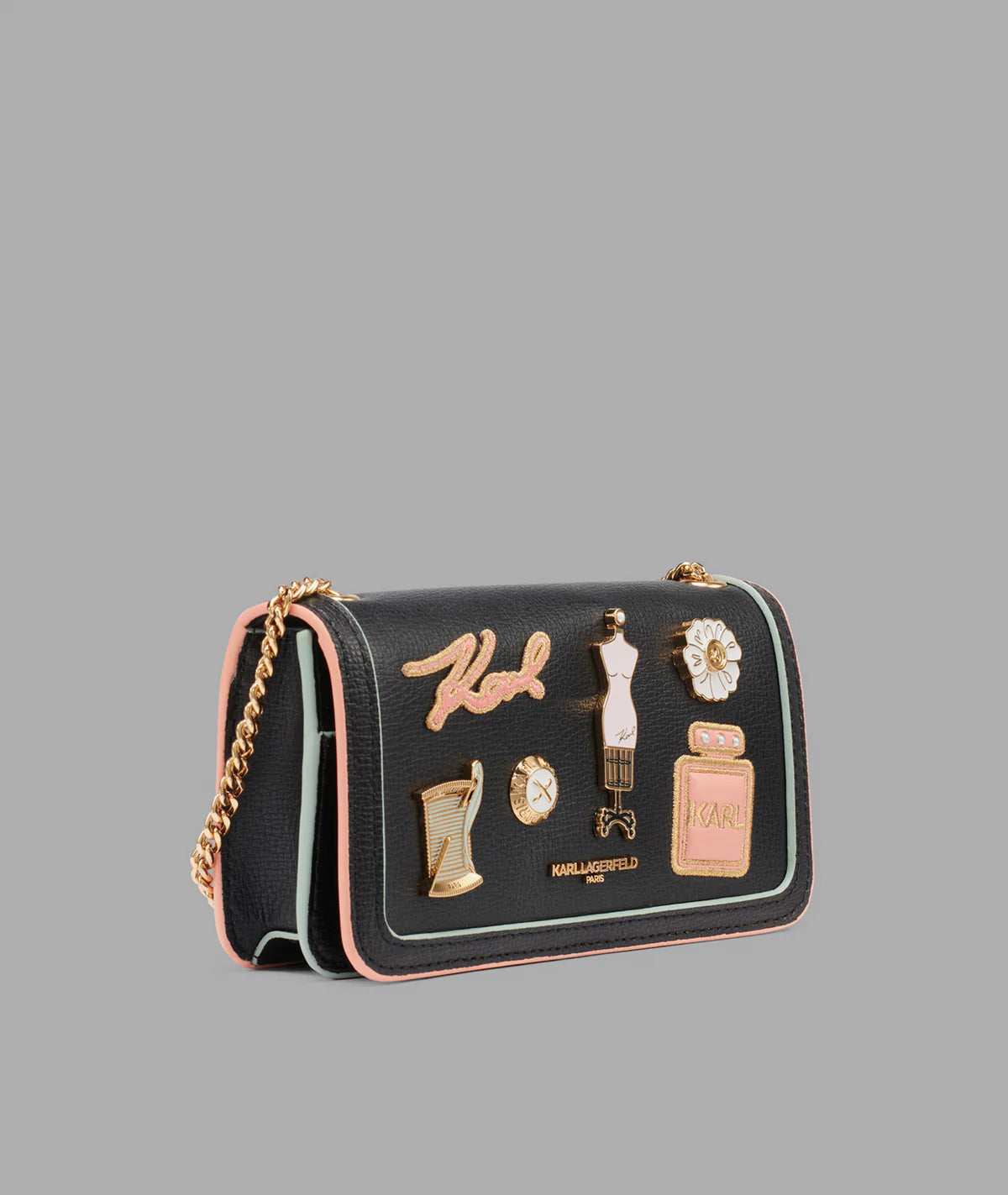 KARL WOMEN'S KOSETTE SHOULDER BAG WITH OVERSIZED FASHION PINS-Black/Gold