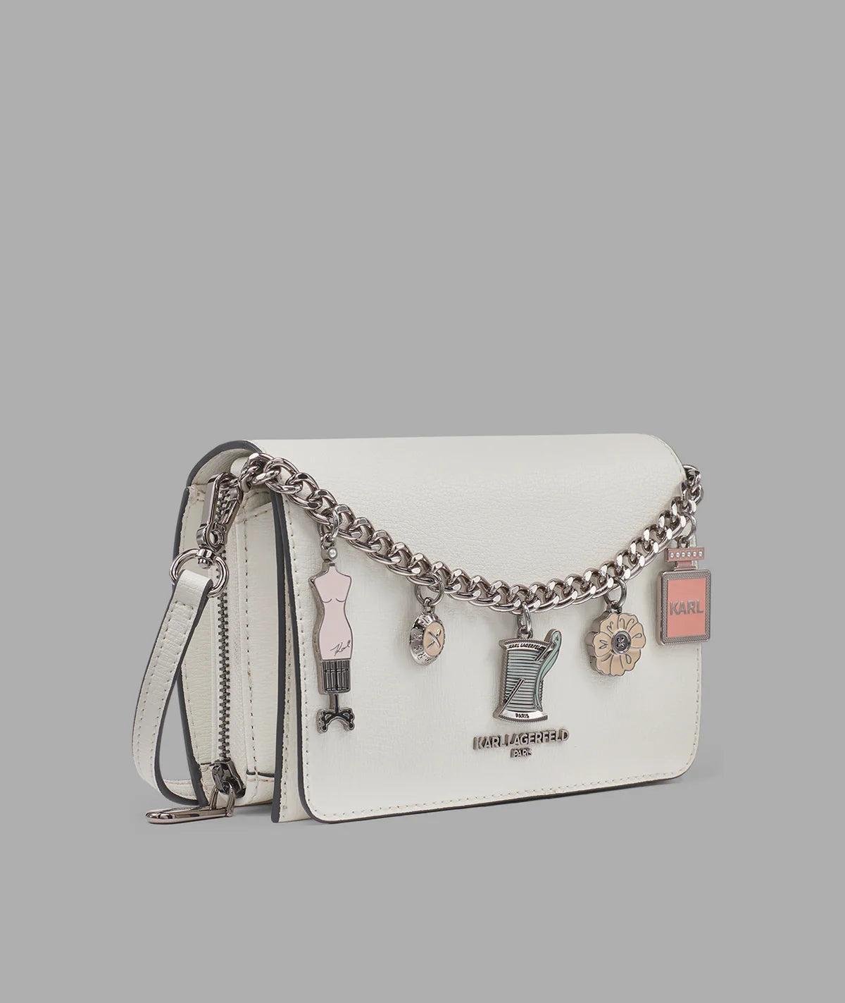 KARL LAGERFELD LOURDES CROSSBODY WITH FASHION CHAIN-Winter White/Silver