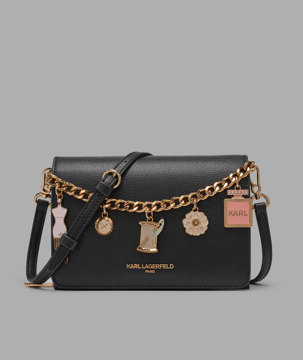 KARL LAGERFELD LOURDES CROSSBODY WITH FASHION CHAIN-Black/Gold