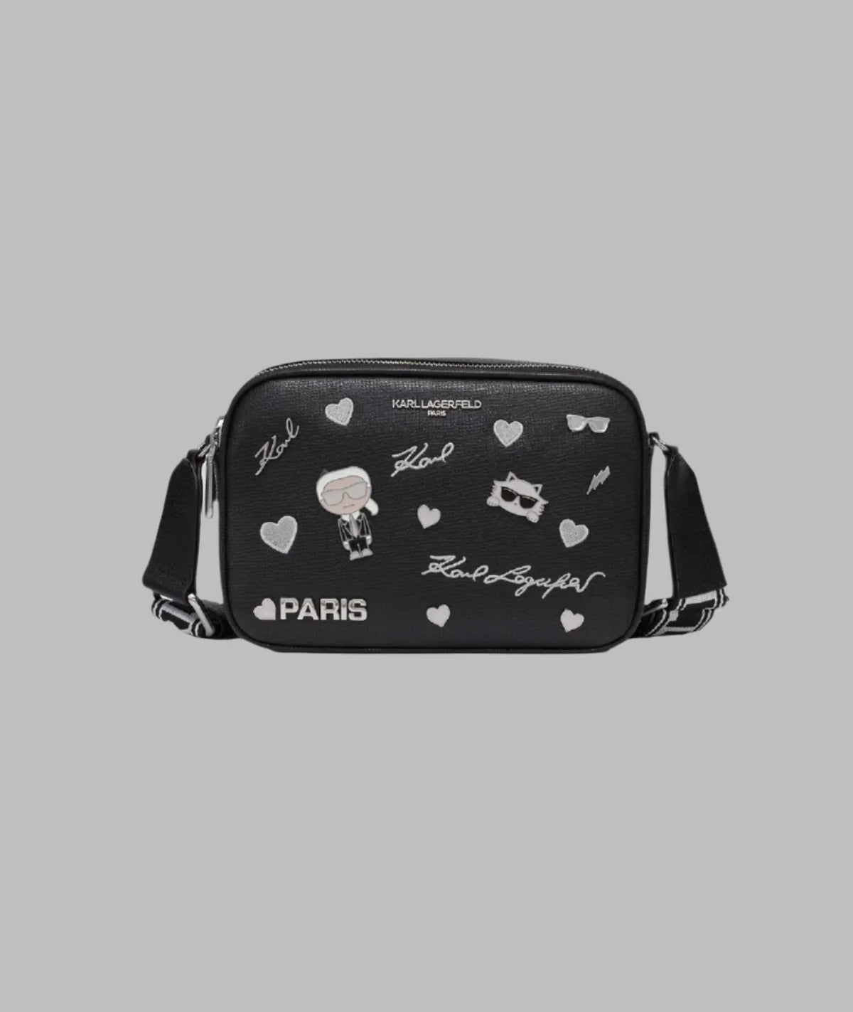KARL LAGERFELD MAYBELLE CAMERA CROSSBODY WITH PINS-Black
