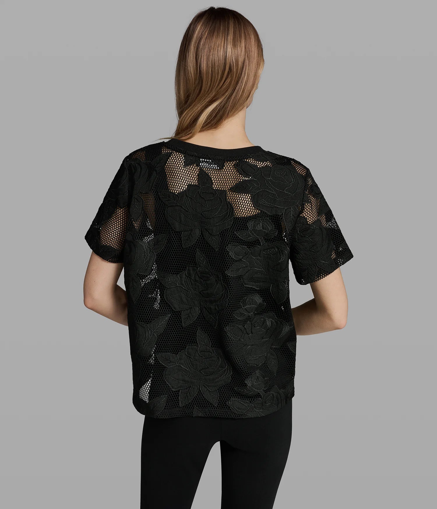 KARL LAGERFELD WOMEN'S FLORAL MESH TOP-Black