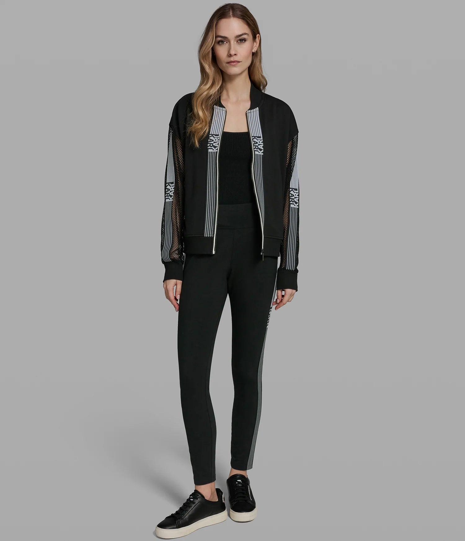 KARL LAGERFELD WOMEN'S LOGO STRIPE MESH TRACK JACKET-Black