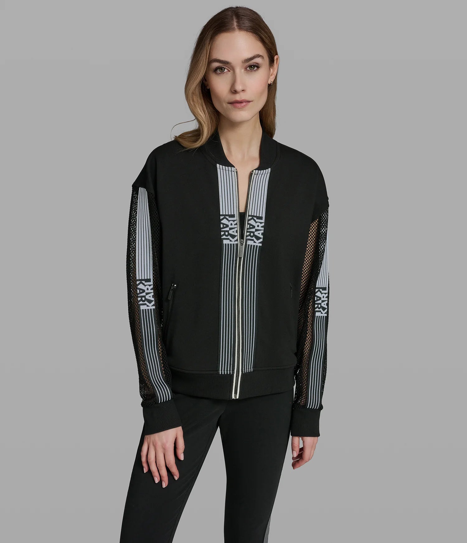 KARL LAGERFELD WOMEN'S LOGO STRIPE MESH TRACK JACKET-Black