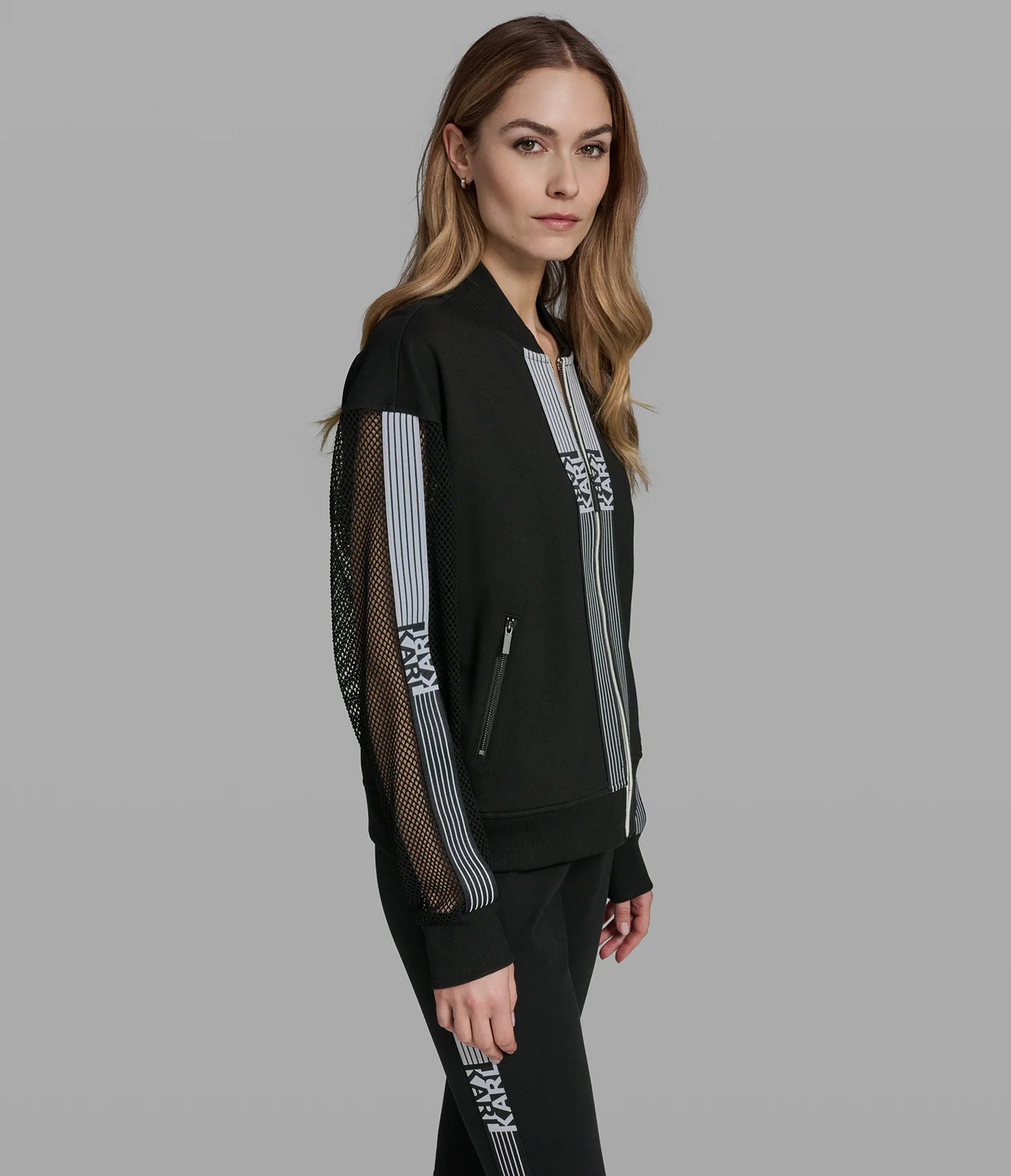 KARL LAGERFELD WOMEN'S LOGO STRIPE MESH TRACK JACKET-Black