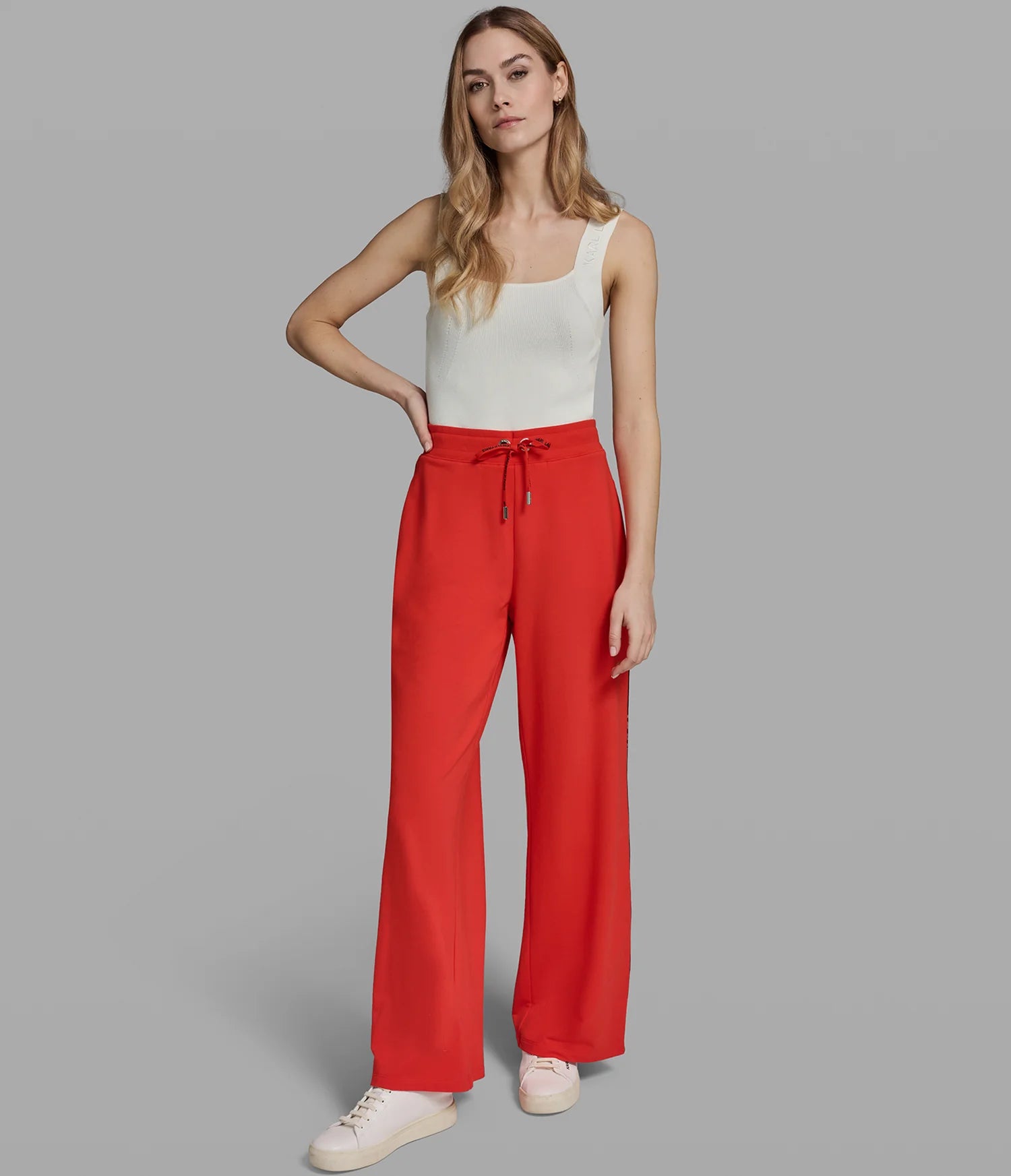 KARL LAGERFELD WOMEN'S LOGO STRIPE WIDE LEG PANT-Red