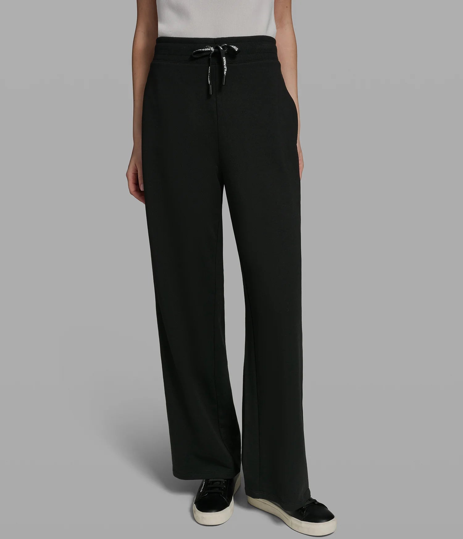 KARL LAGERFELD WOMEN'S LOGO STRIPE WIDE LEG PANT-Black
