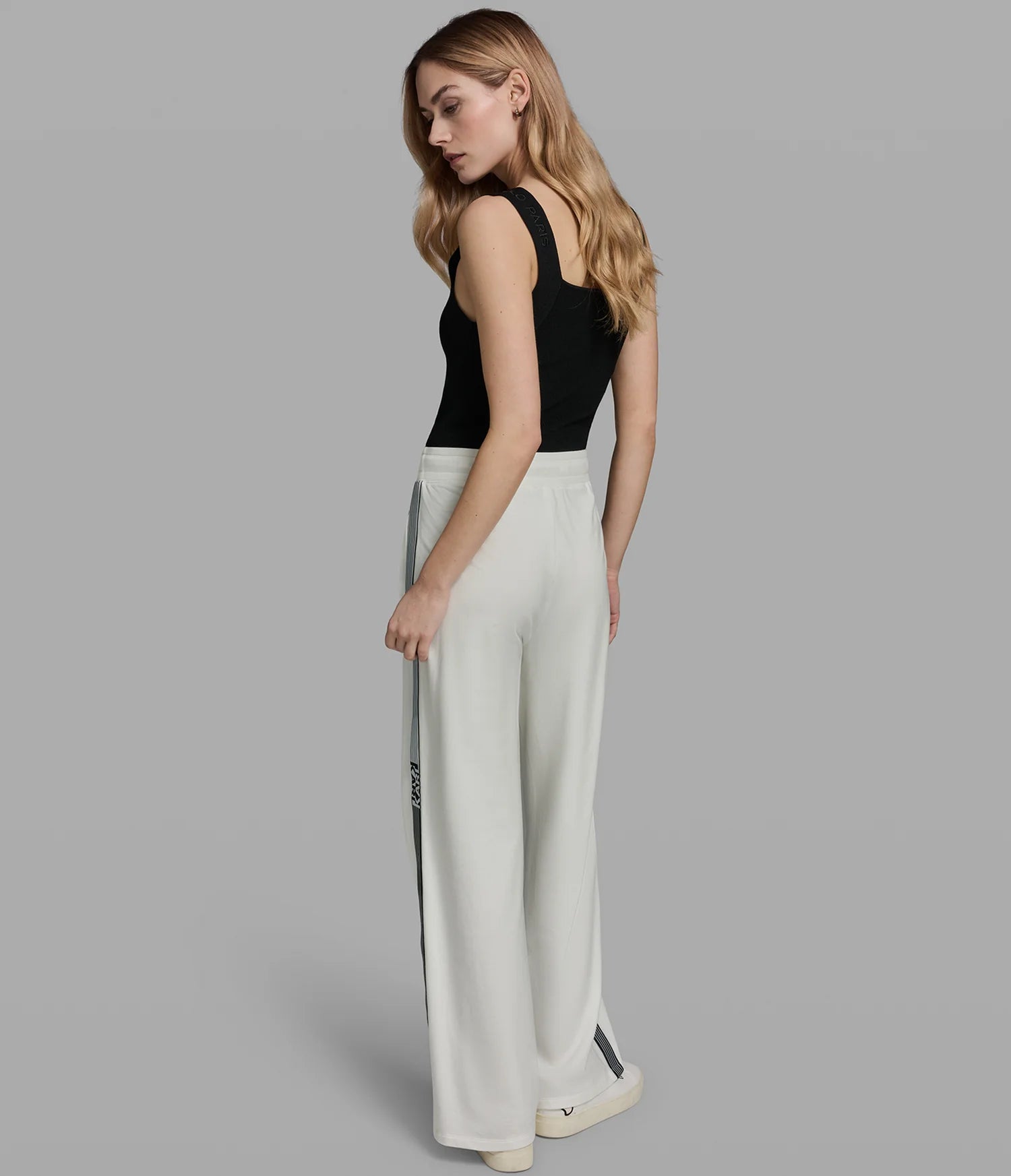 KARL LAGERFELD WOMEN'S LOGO STRIPE WIDE LEG PANT-White