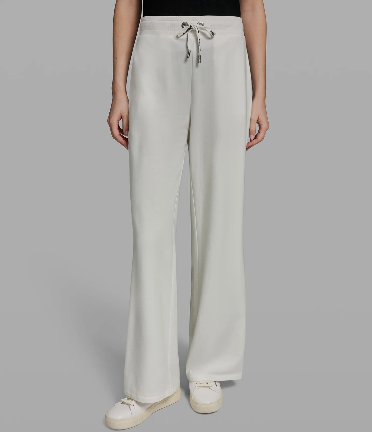KARL LAGERFELD WOMEN'S LOGO STRIPE WIDE LEG PANT-White