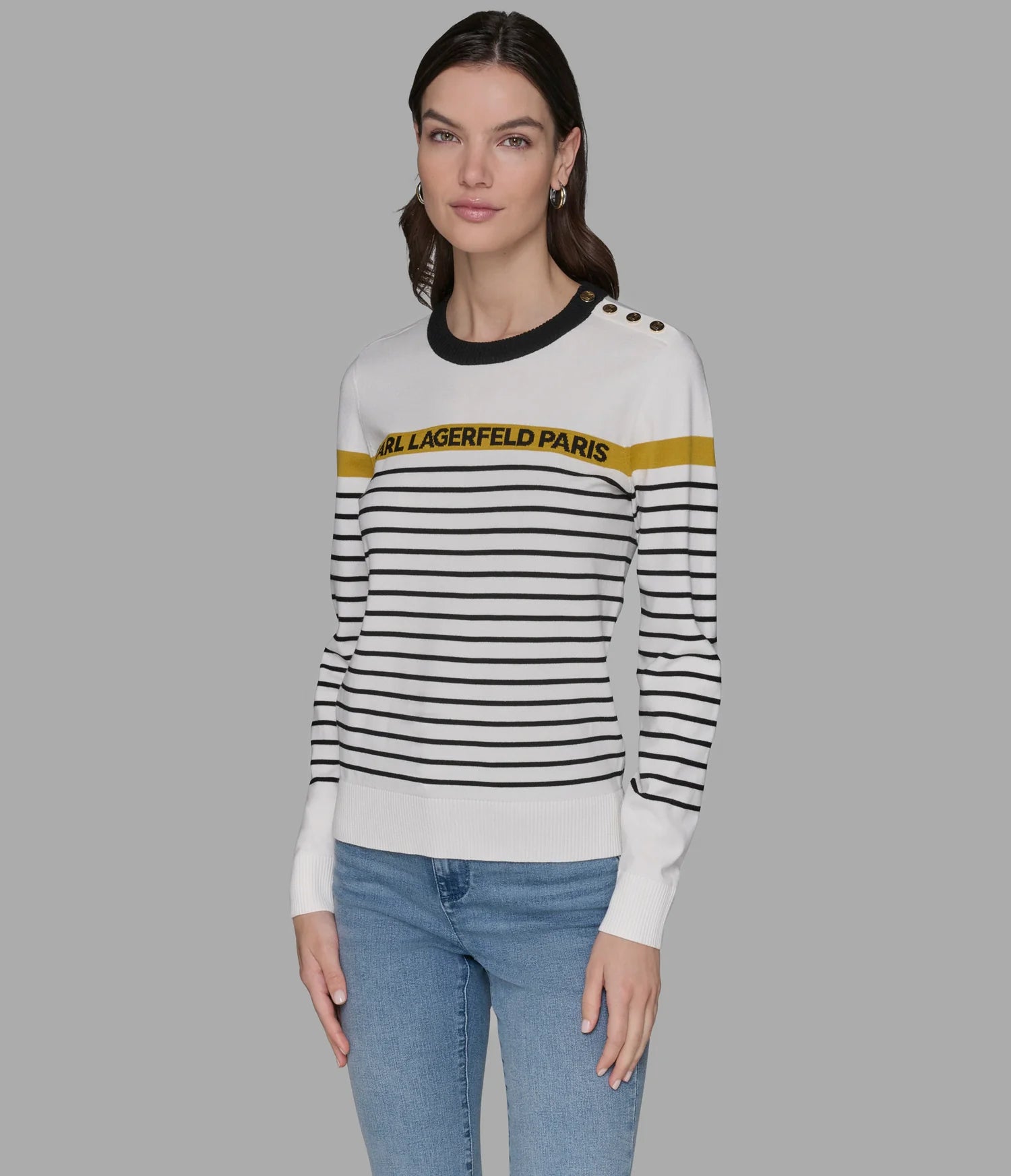 Karl Lagerfeld Paris Womens' STRIPED LOGO SWEATER