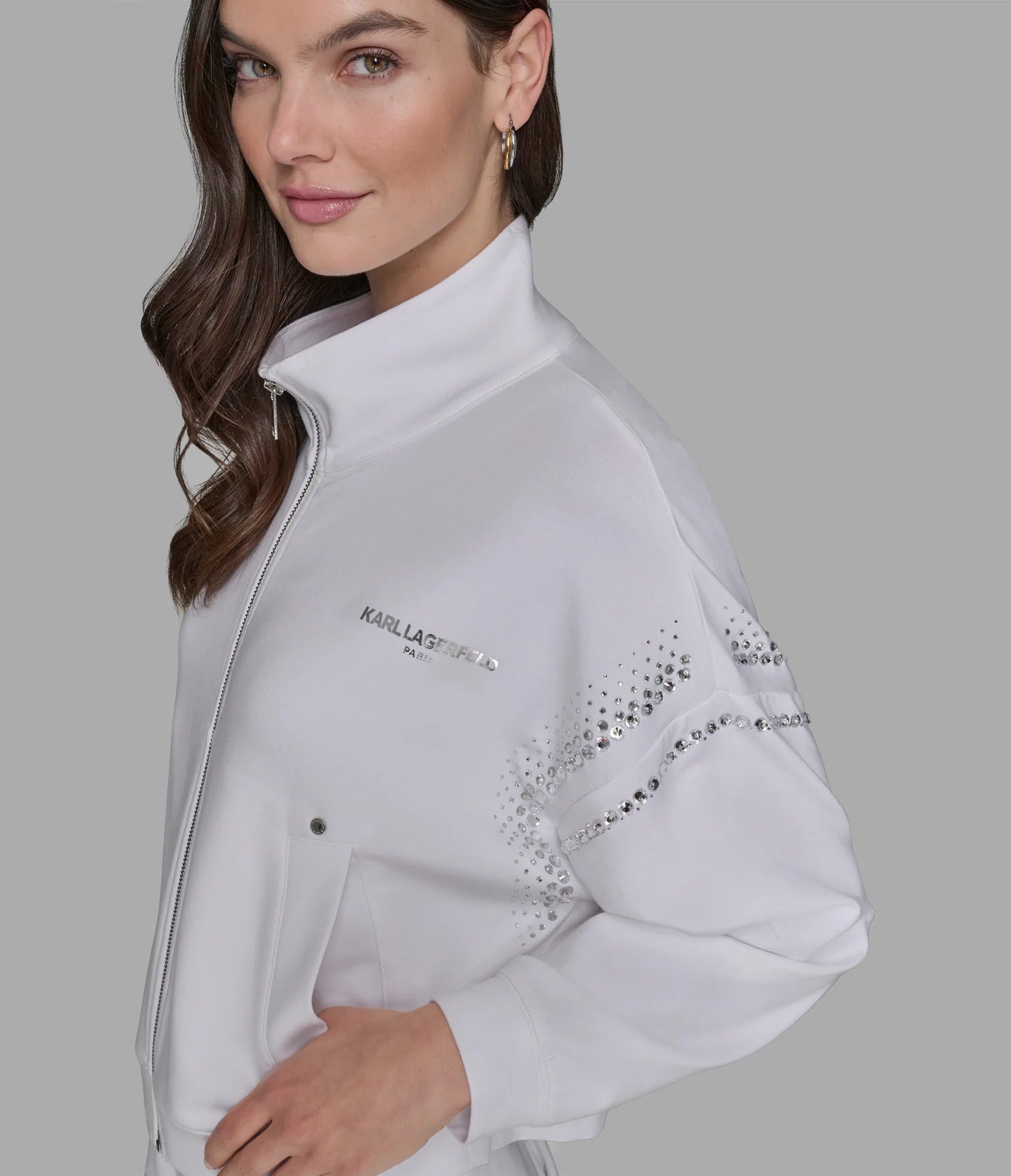 Karl Womens' RHINESTONE TRIM TRACK JACKET / white