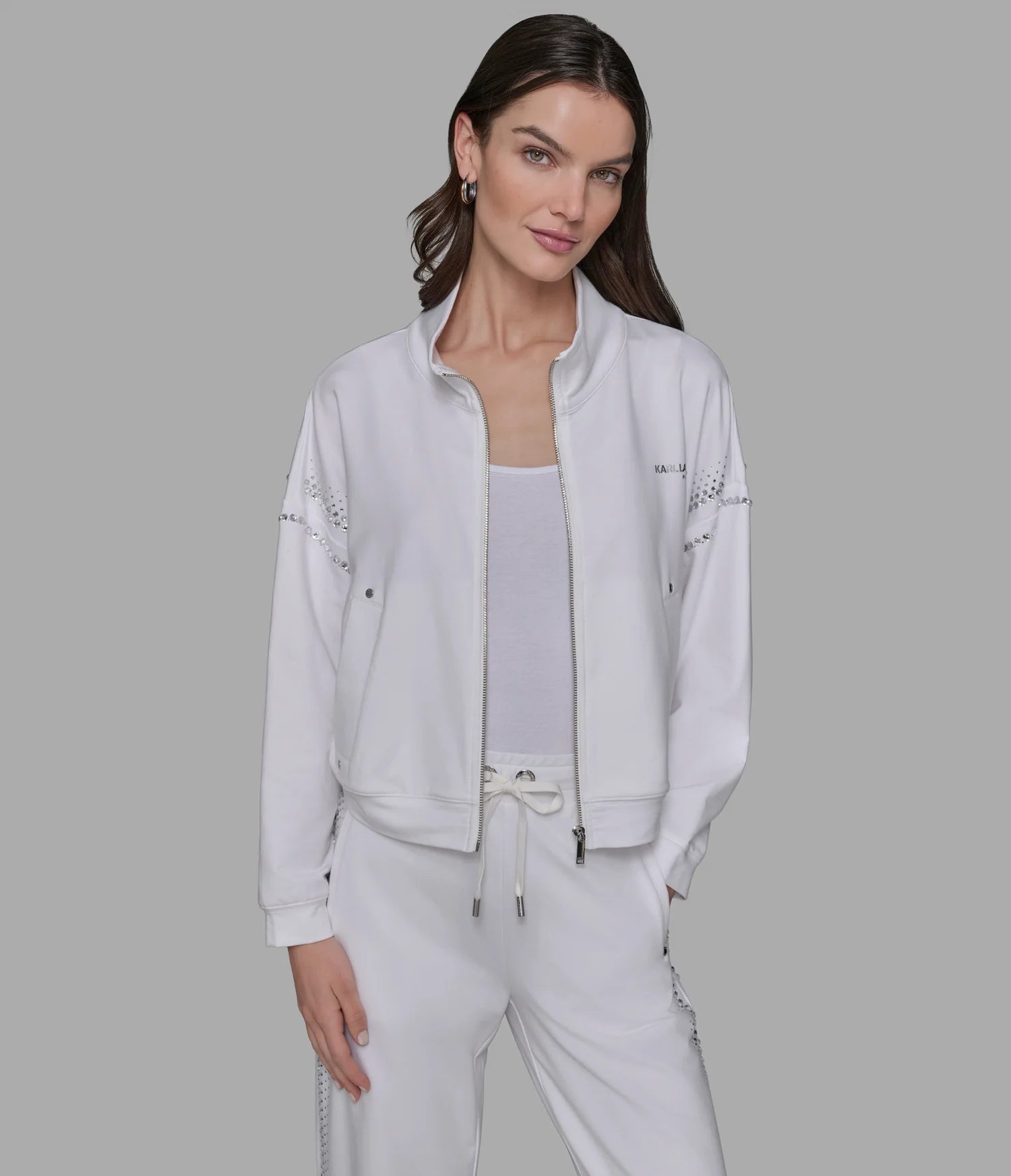 Karl Womens' RHINESTONE TRIM TRACK JACKET / white
