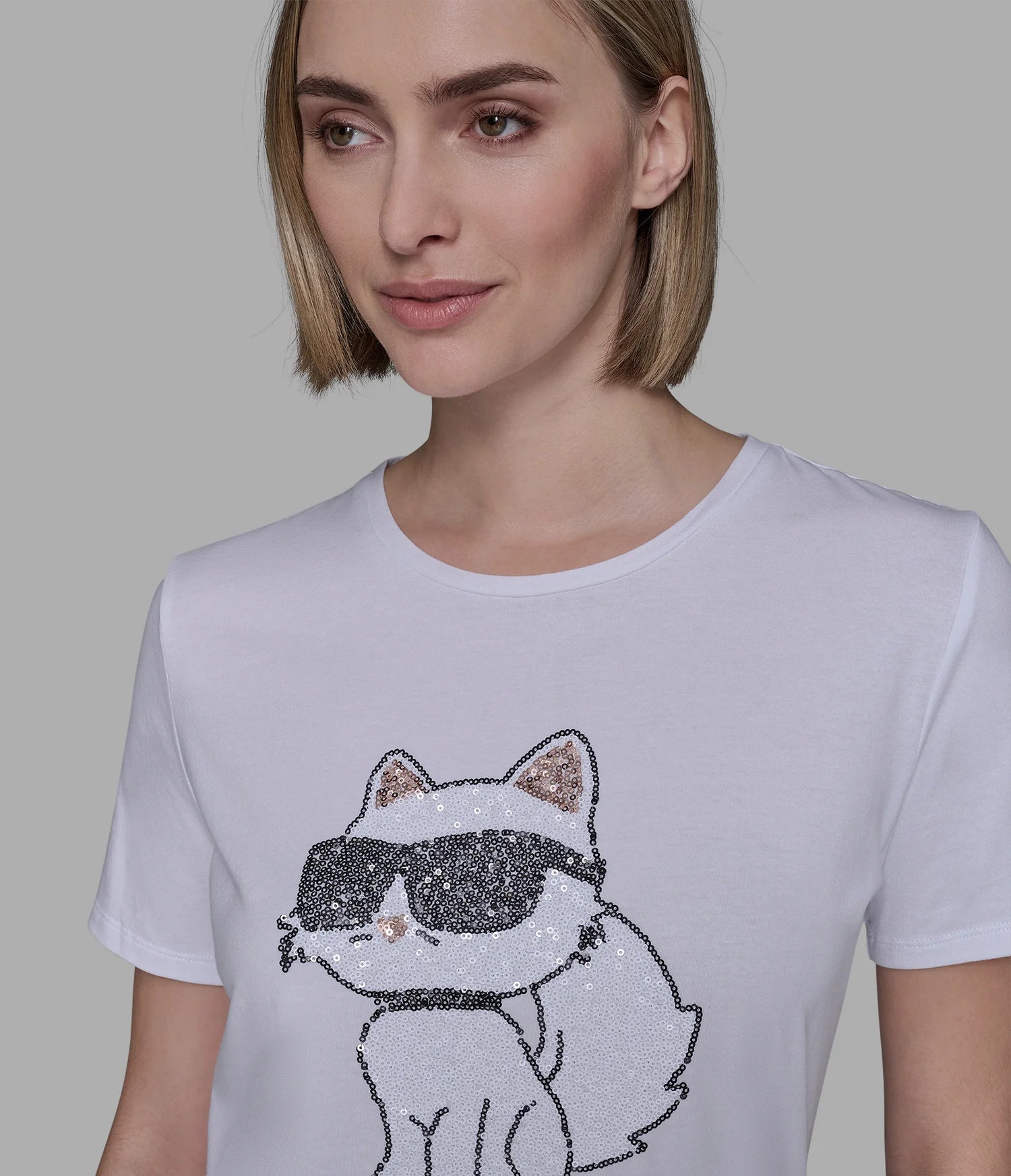 Karl Lagerfeld Paris Womens' CHOUPETTE SEQUIN LOGO TEE