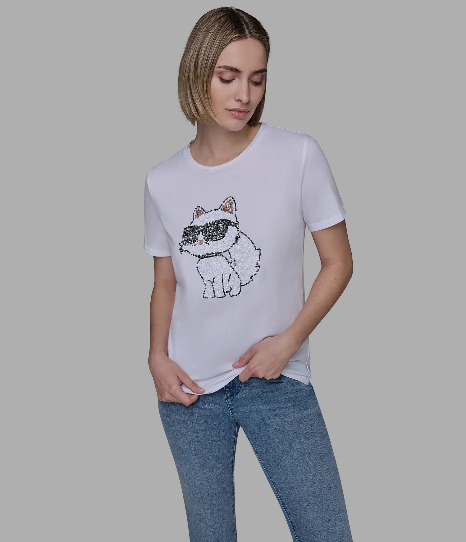 Karl Lagerfeld Paris Womens' CHOUPETTE SEQUIN LOGO TEE