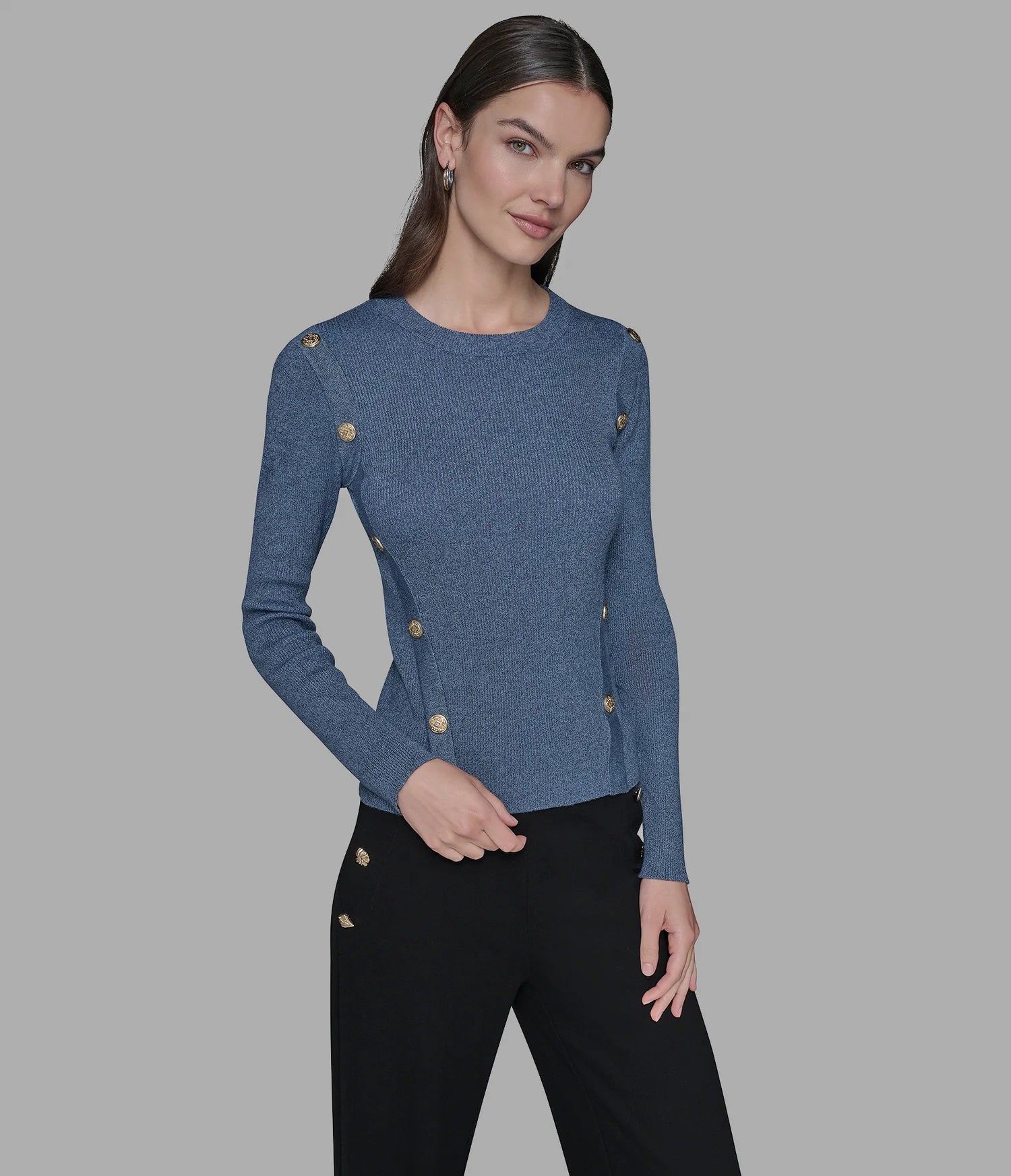 Karl Lagerfeld Paris Womens' HEATHERED BUTTON-DETAILED SWEATER