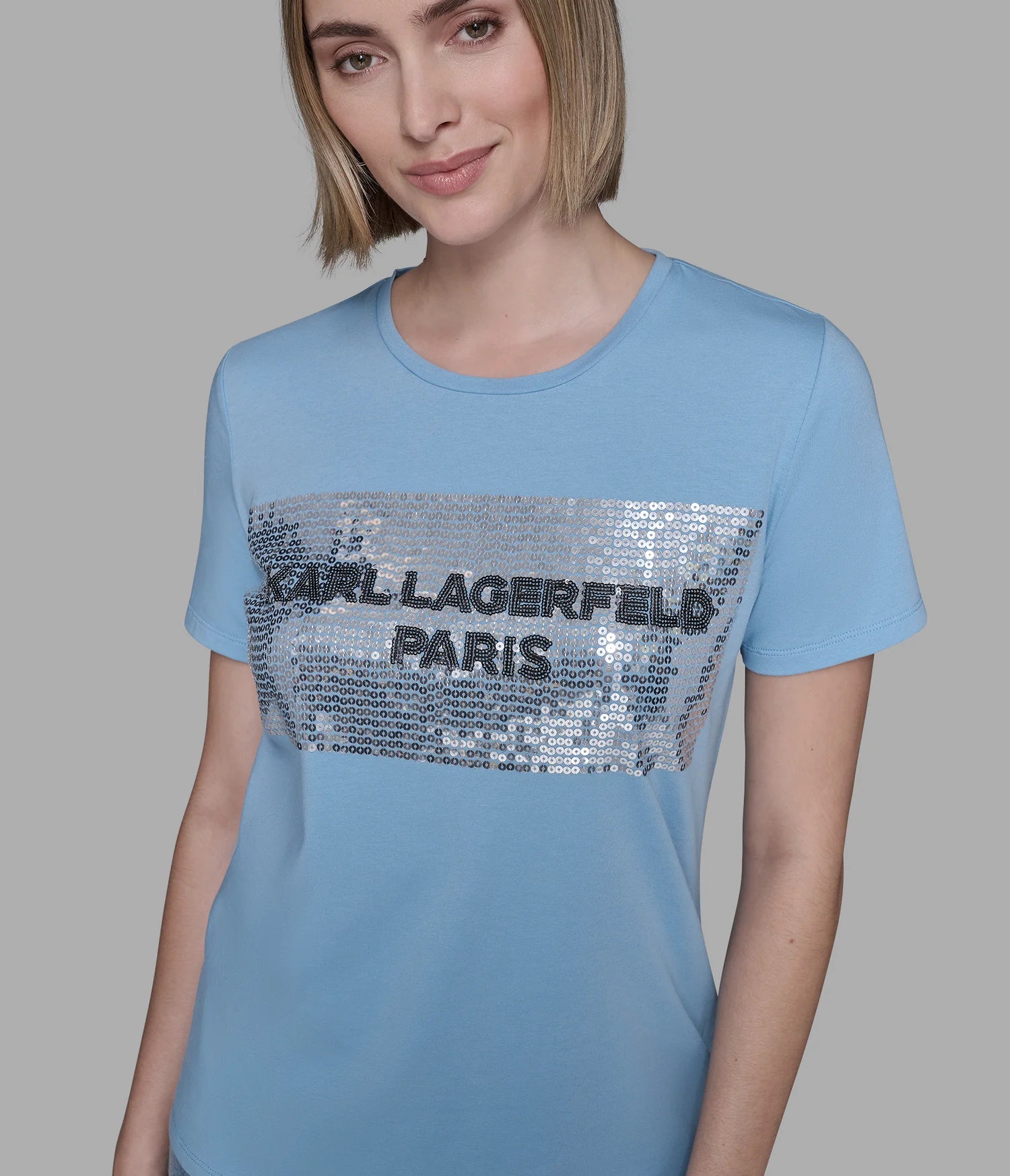 Karl Lagerfeld Paris Womens' SEQUIN BOX LOGO TEE/ BLUE