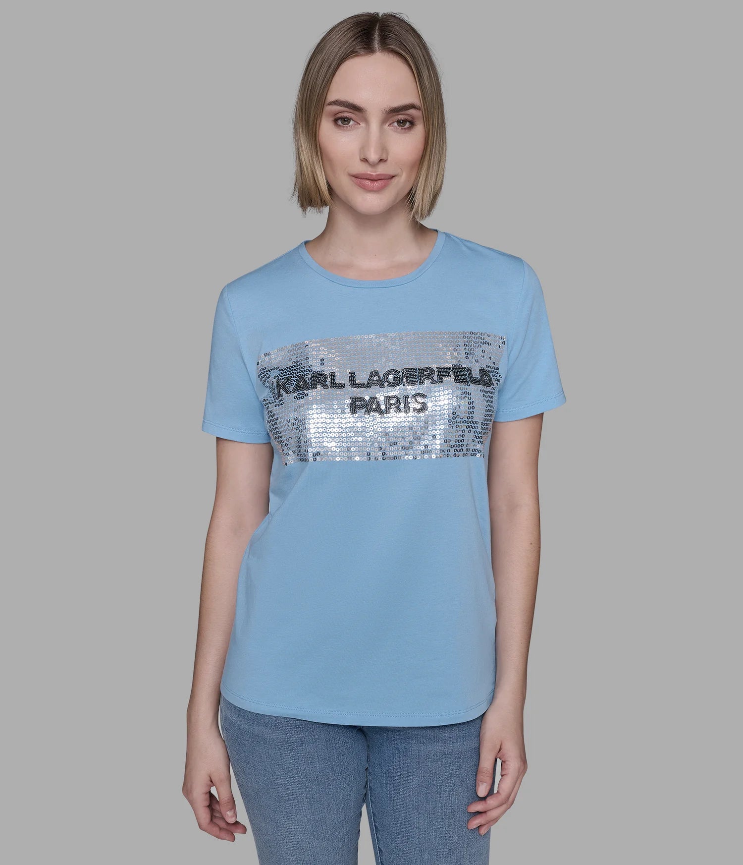 Karl Lagerfeld Paris Womens' SEQUIN BOX LOGO TEE/ BLUE