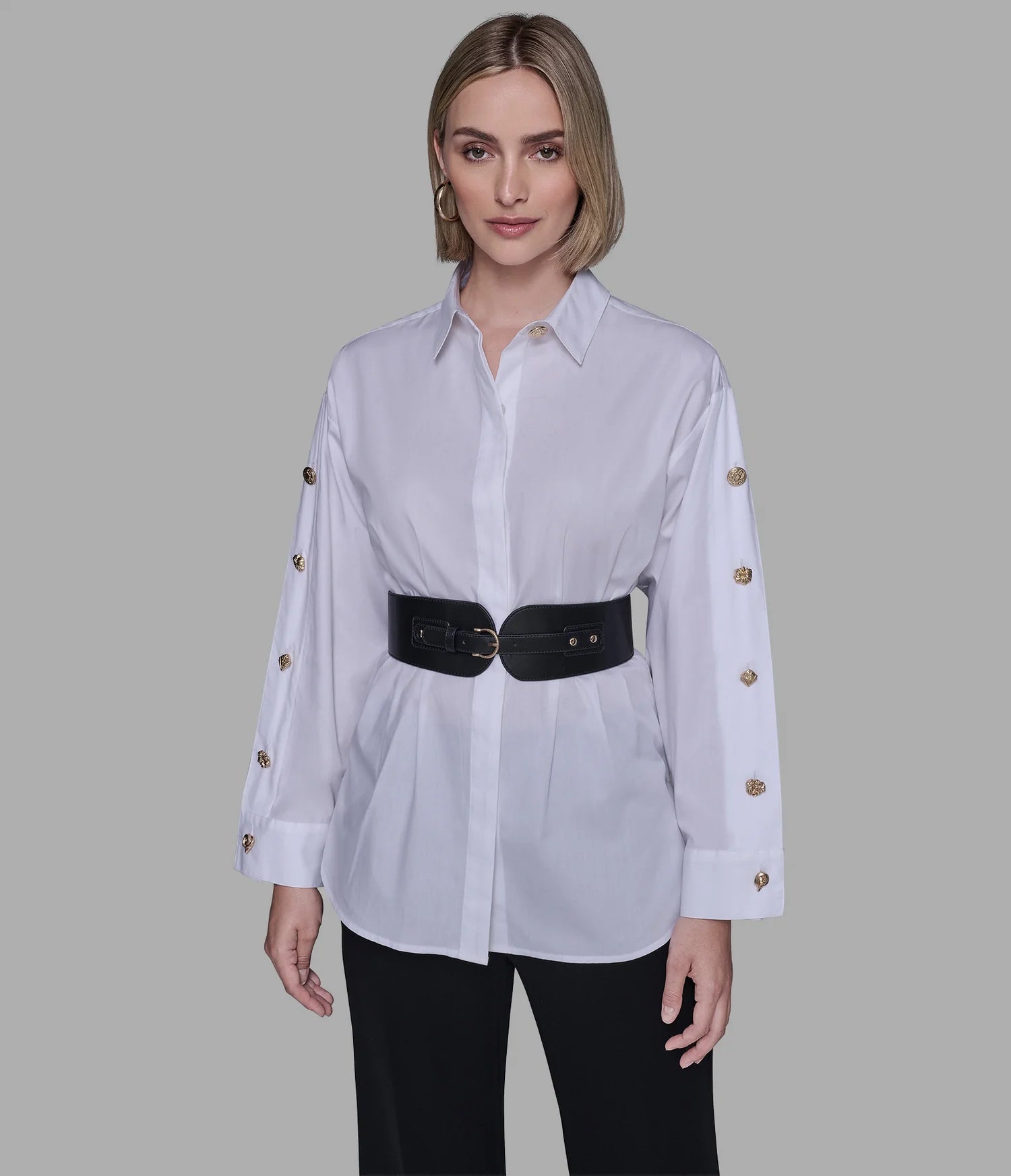 Karl Lagerfeld Paris Womens' BELTED POPLIN SHIRT