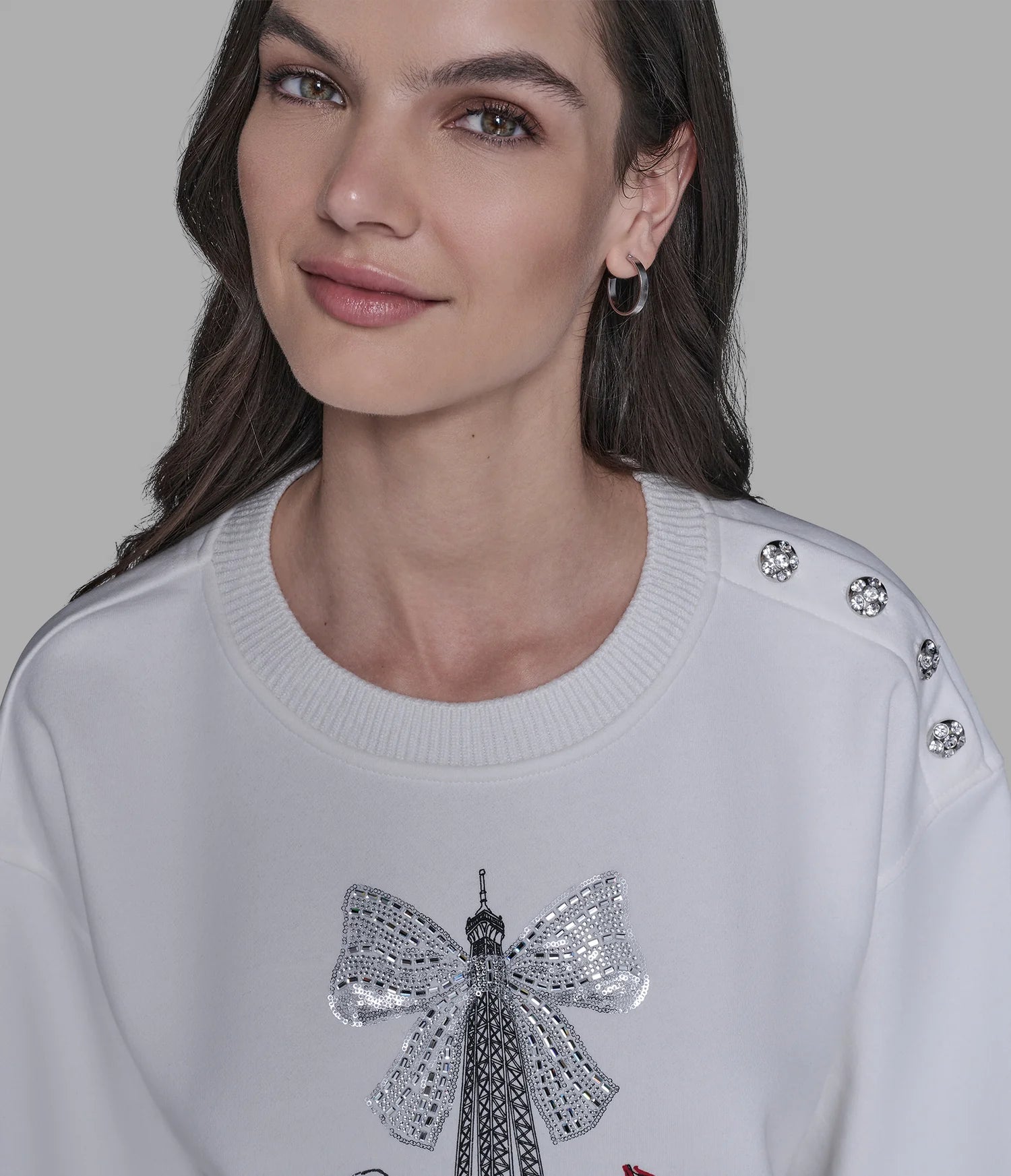 Karl Lagerfeld Paris Womens' EIFFEL TOWER BOW SWEATSHIRT WITH BUTTONS