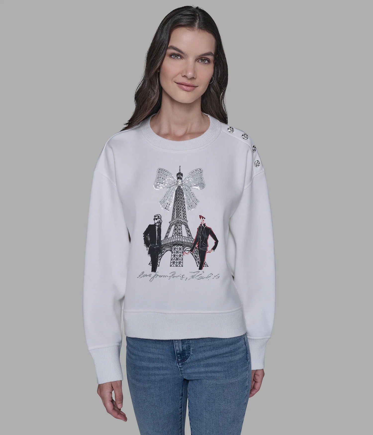 Karl Lagerfeld Paris Womens' EIFFEL TOWER BOW SWEATSHIRT WITH BUTTONS