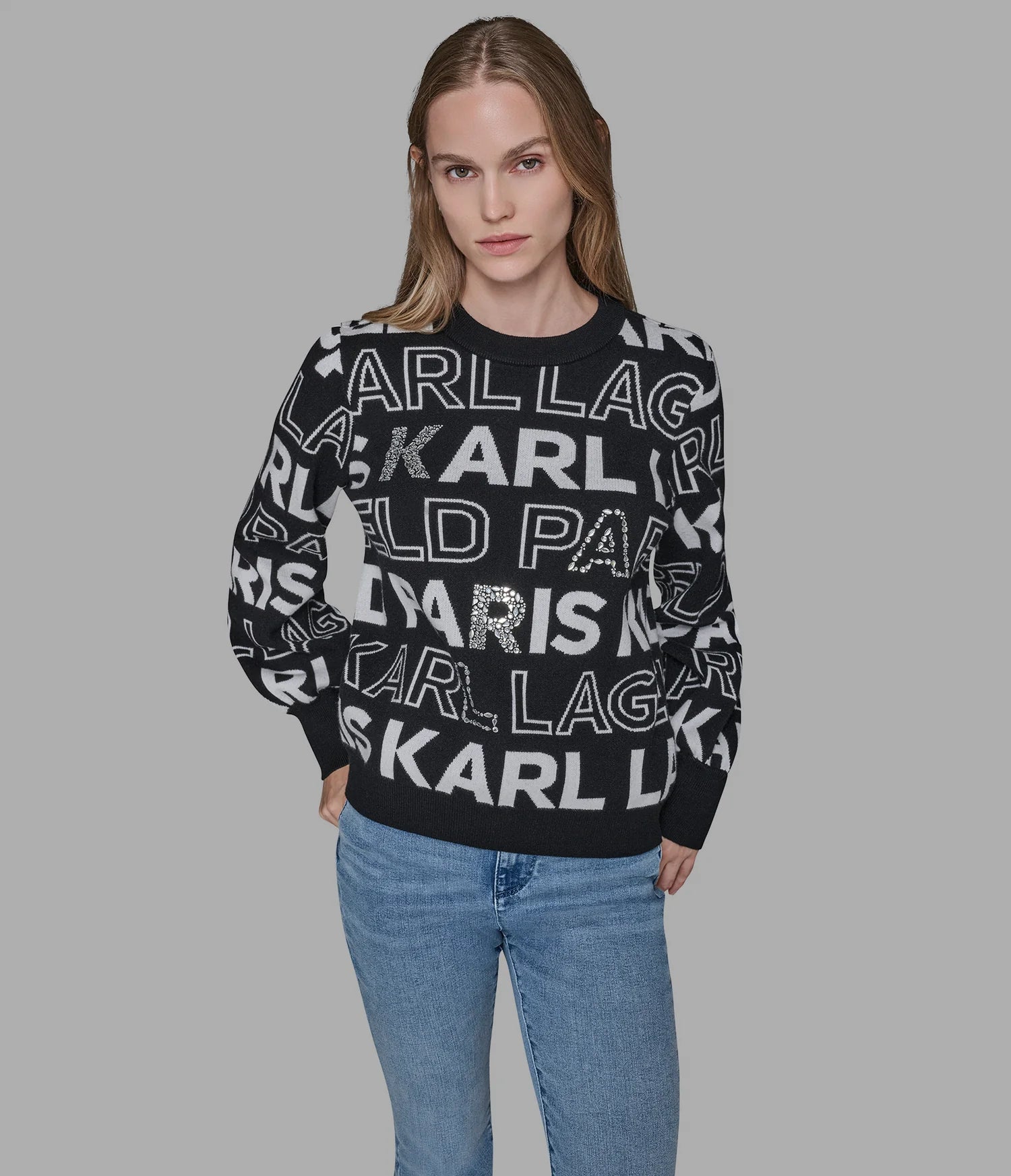Karl Lagerfeld Paris Womens' LOGO EMBELLISHED SWEATER BLACK