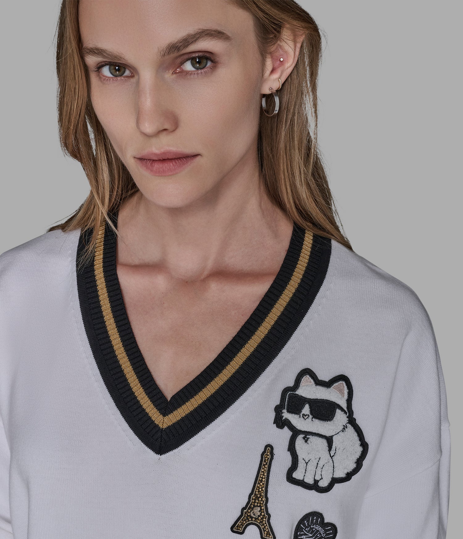Karl Lagerfeld Paris Women's VARSITY SWEATER WITH PATCHES white
