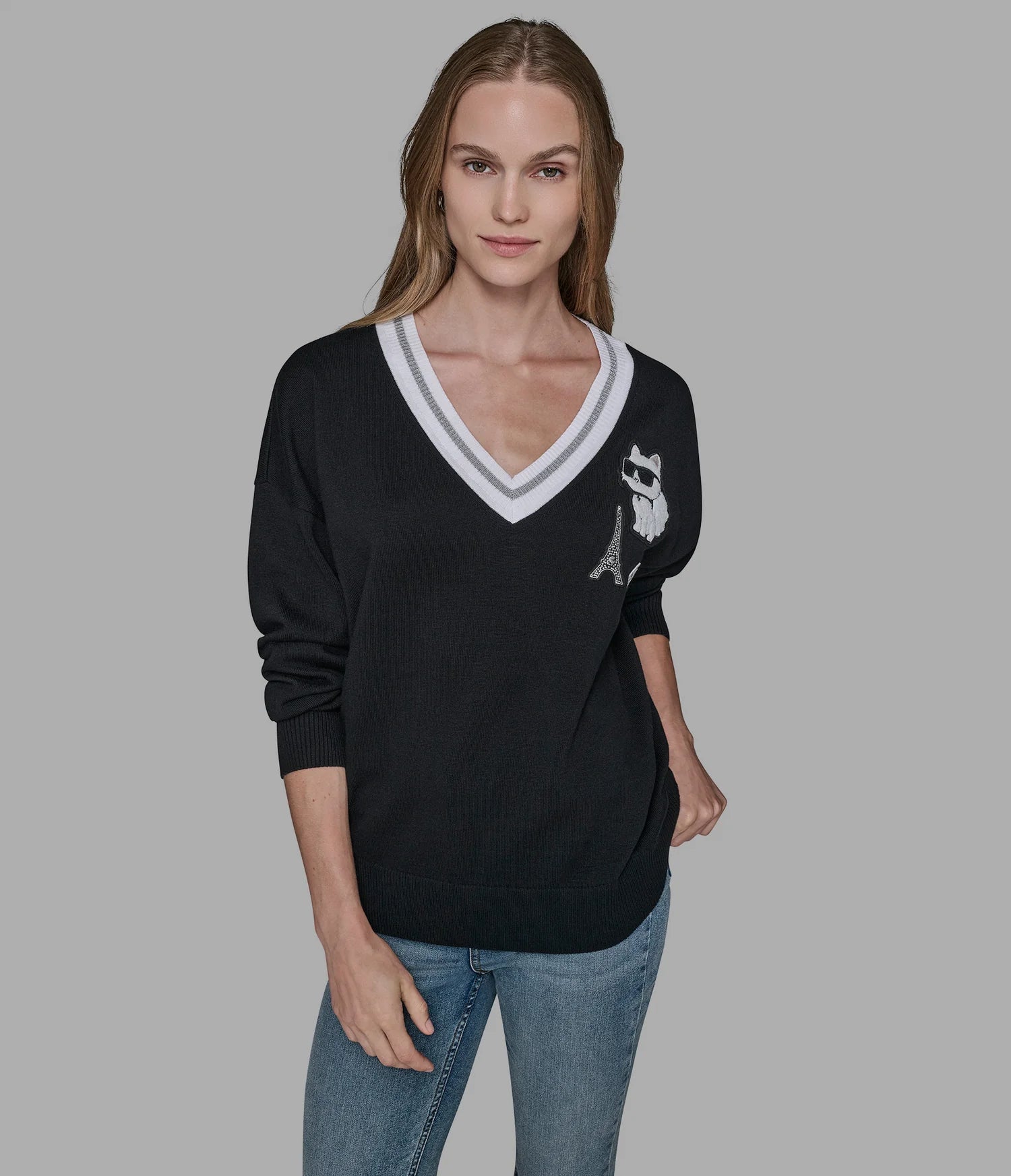 Karl Lagerfeld Paris Women's VARSITY SWEATER WITH PATCHES black