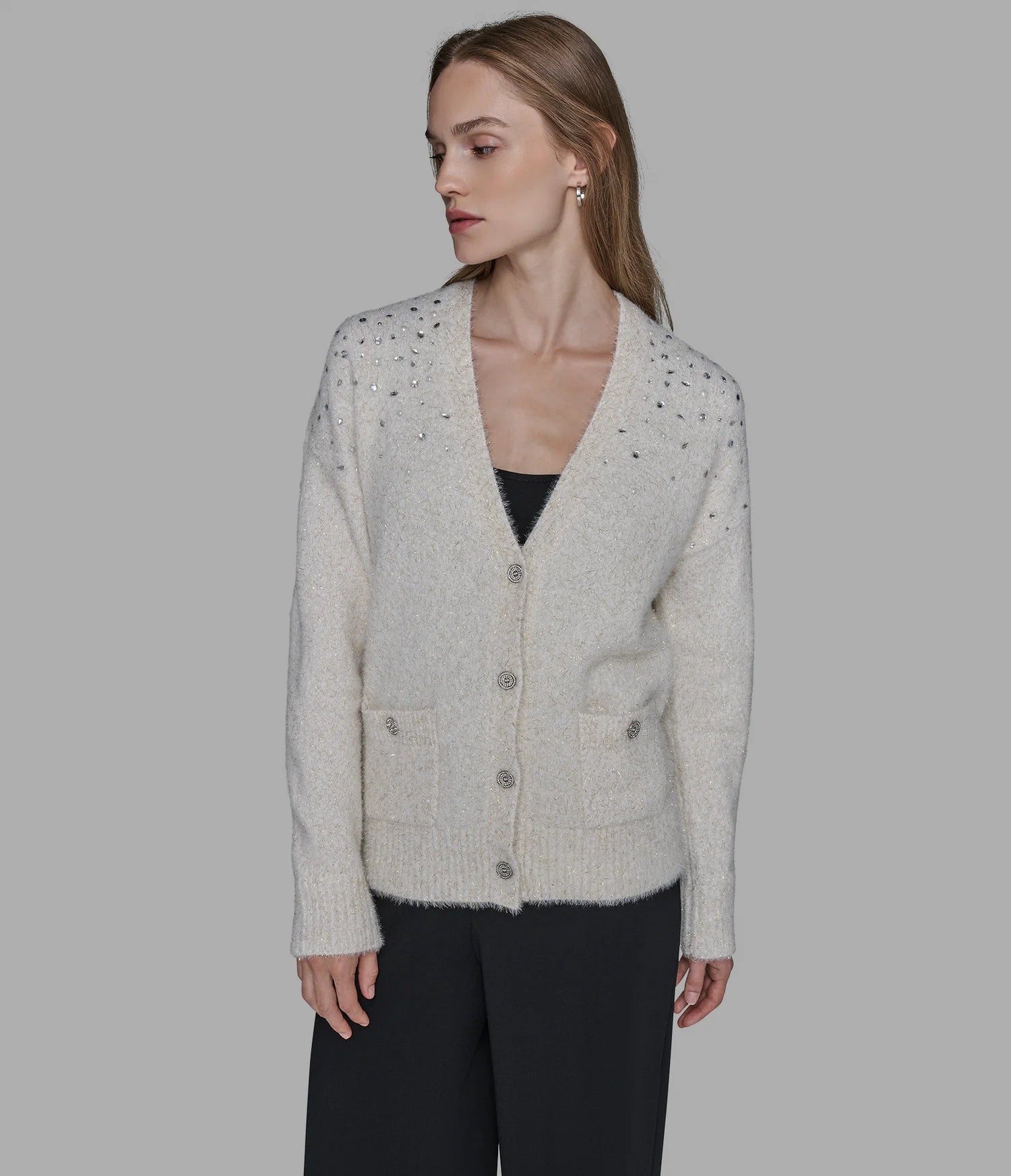 Karl Lagerfeld Paris Womens' EMBELLISHED CARDIGAN WITH POCKETS