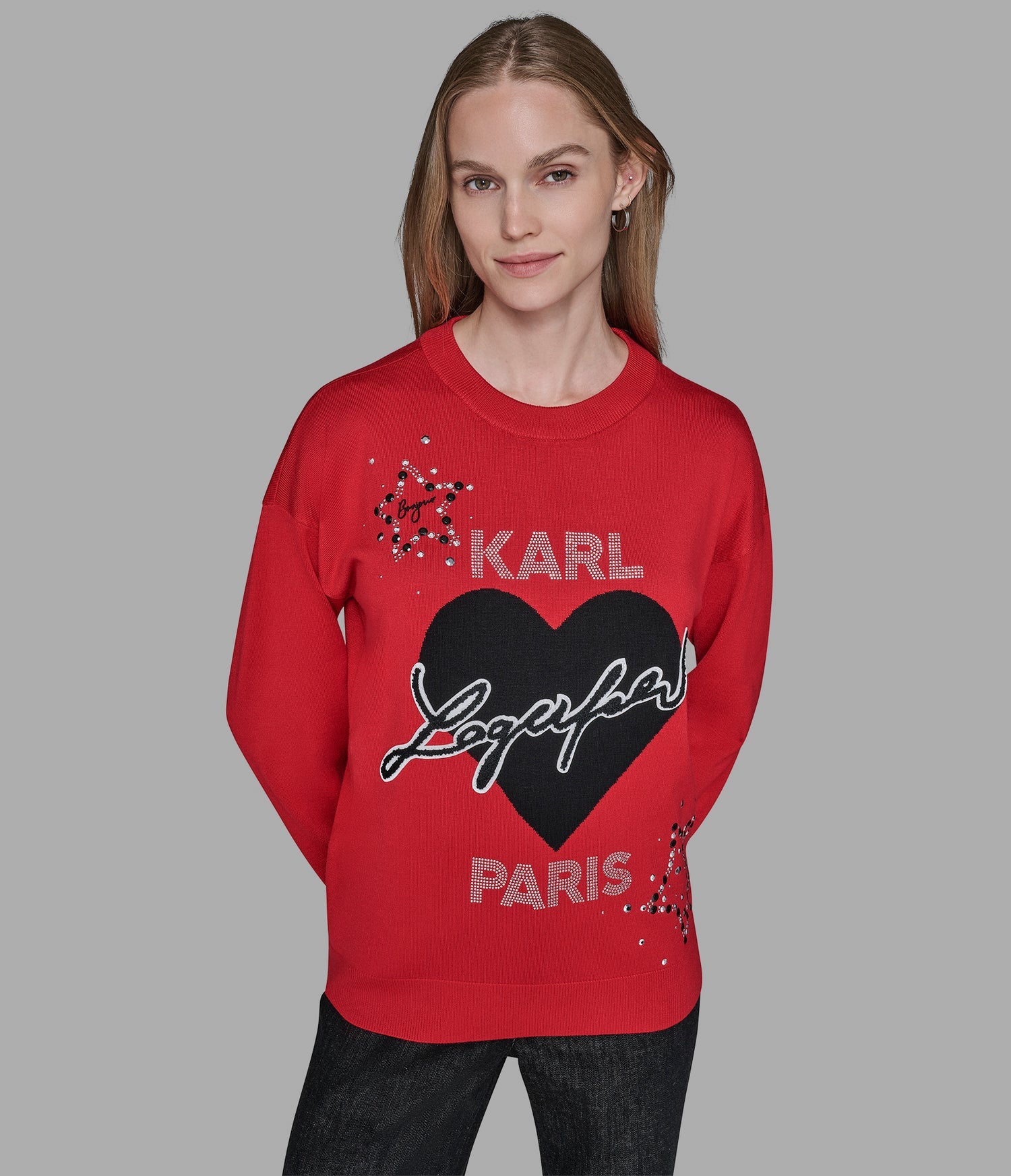 Karl Lagerfeld Paris Women's WHIMSY KARL HEART EMBELLISHED SWEATER Red