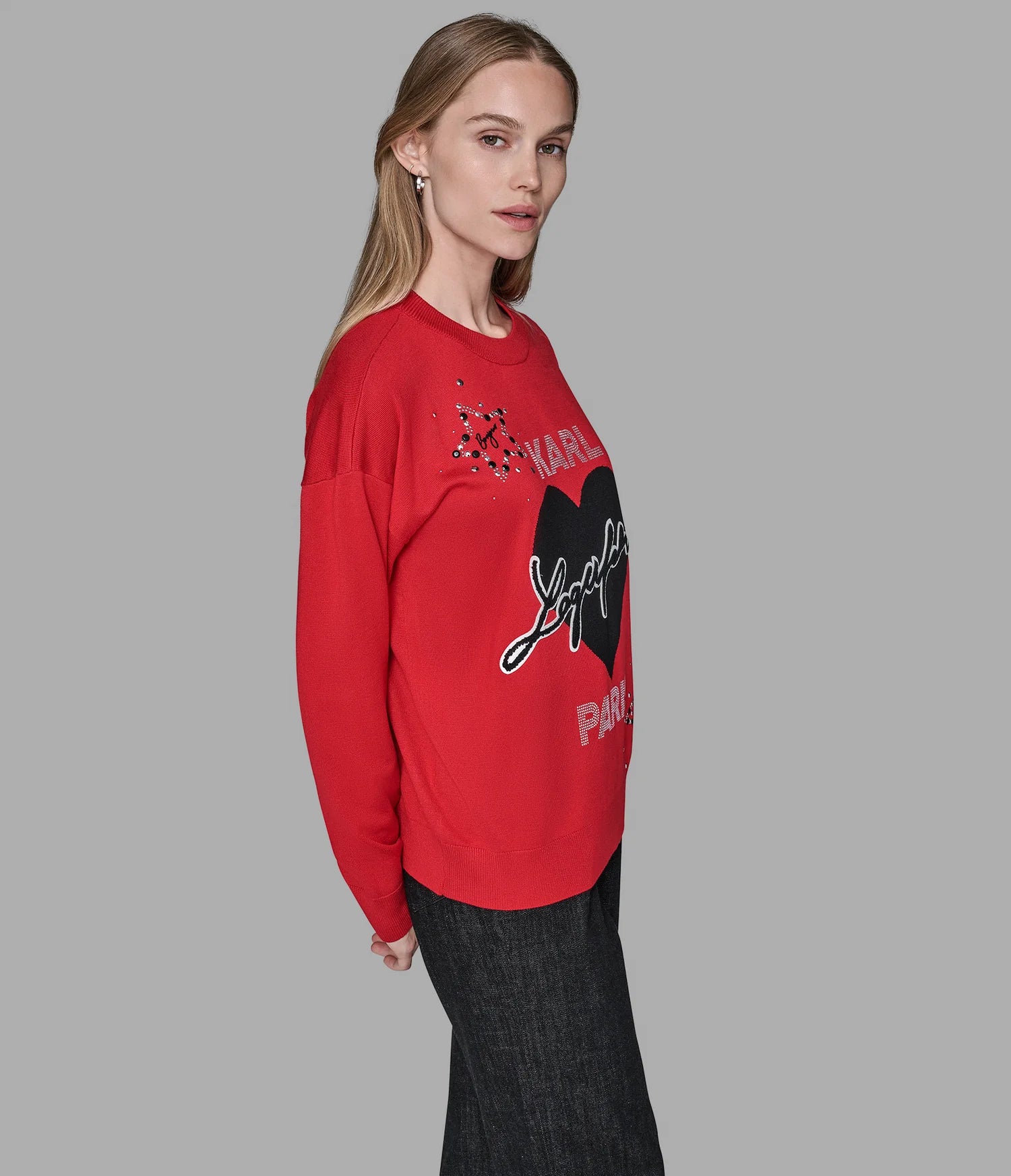 Karl Lagerfeld Paris Women's WHIMSY KARL HEART EMBELLISHED SWEATER Red