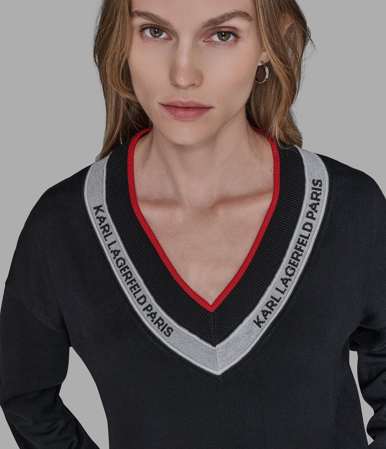 Karl Lagerfeld Paris Women's V-NECK LOGO TAPE SWEATER black