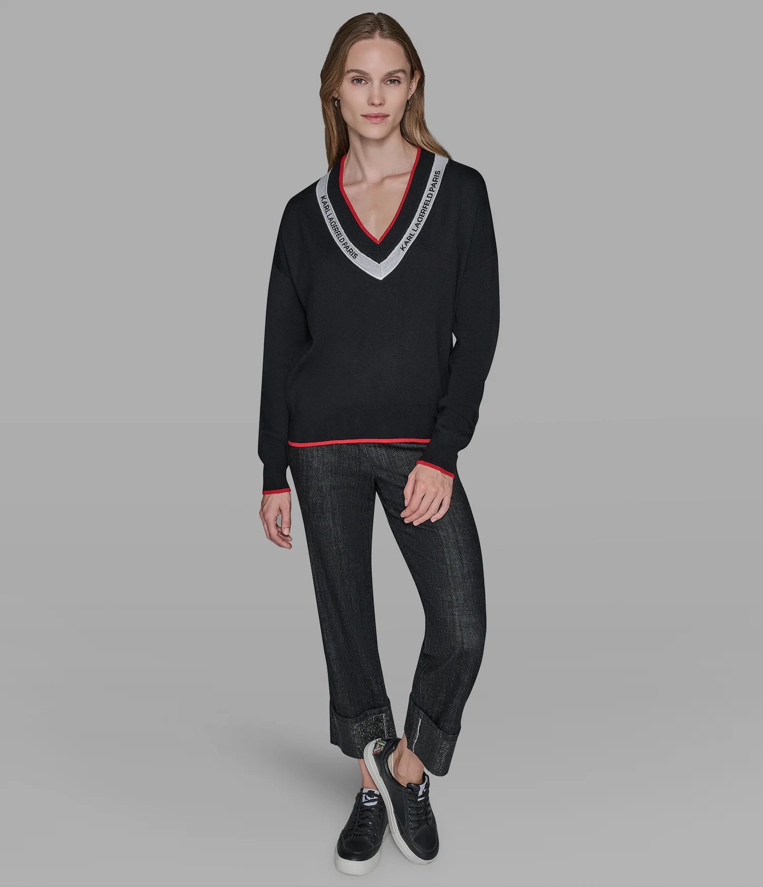 Karl Lagerfeld Paris Women's V-NECK LOGO TAPE SWEATER black
